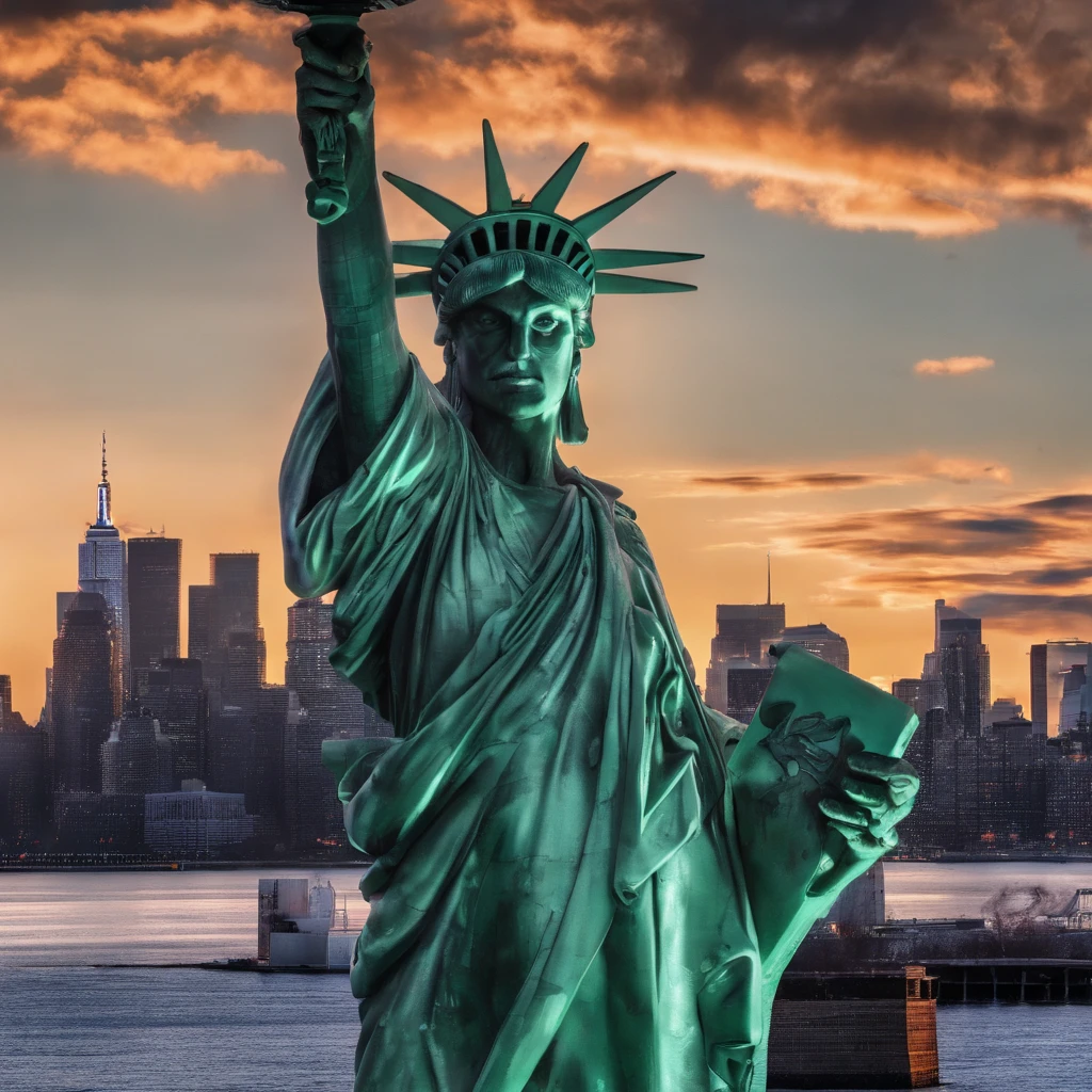(best quality,4k,8k,highres,masterpiece:1.2),ultra-detailed,(realistic,photorealistic,photo-realistic:1.37),iconic,monumental,national symbol,symbol of freedom,copper robed,book of laws,green torch,New York City skyline,towering,imposing,torch of hope,noble,statue on pedestal,island in the background,cityscape,liberty,represent freedom,Liberty Island,river view,majestic,regal,grand,sculpture,standing tall,graceful lines,impressive structure,symbolic,armed with a torch and a tablet,unwavering,firmly rooted,Crown of Freedom,bold, powerful,proud, welcoming beacon,old lady,grandeur, American pride,emblem,United States of America,inspiration to many,famous,statuesque,people from all over the world,architecture.