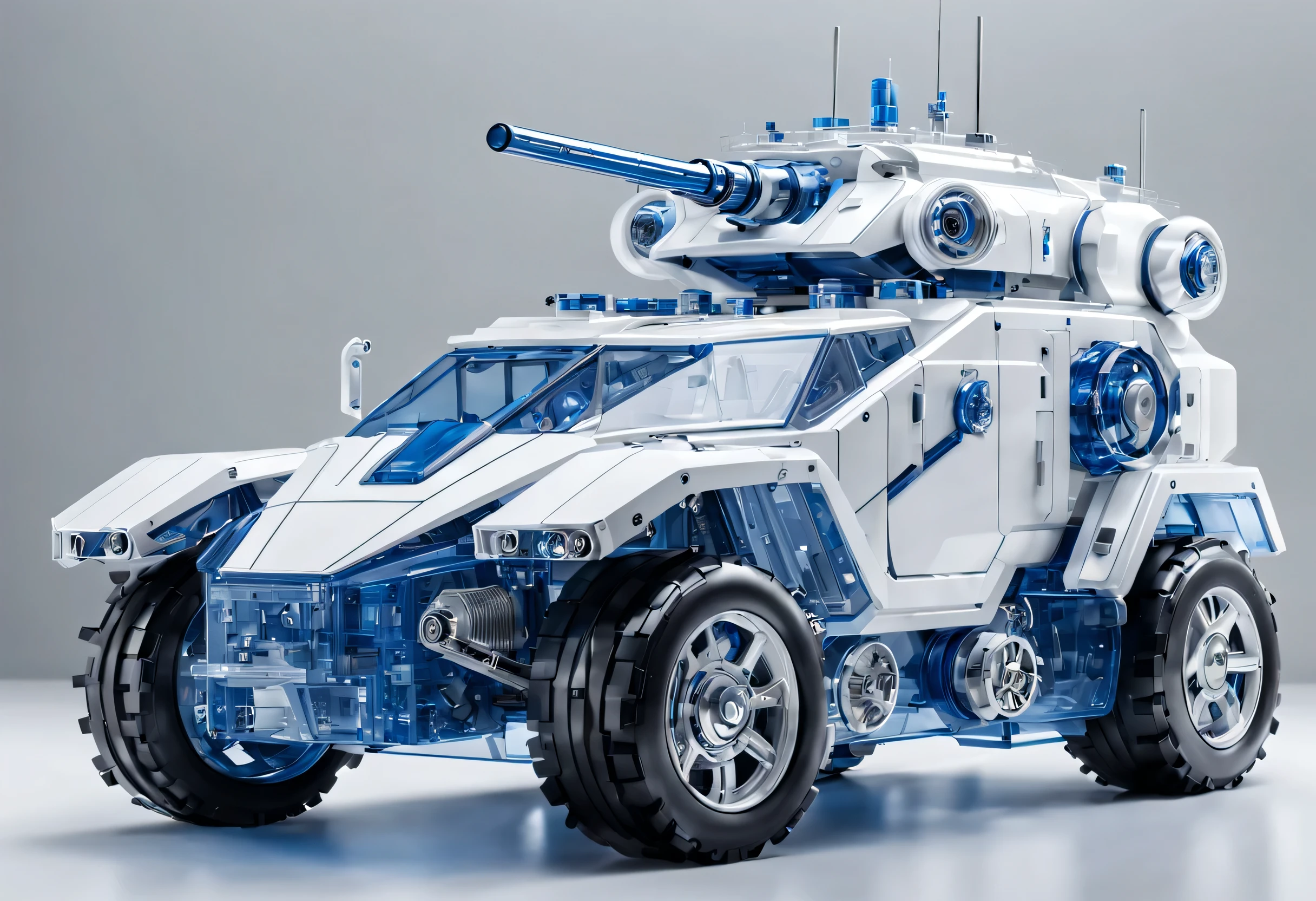 Pure light gray background, A white and blue transparent mechanical armored vehicle , The internal structure is complex and precise, (Well-designed, high detail, masterpiece, best quality, ultra high definition, Sharpen details)