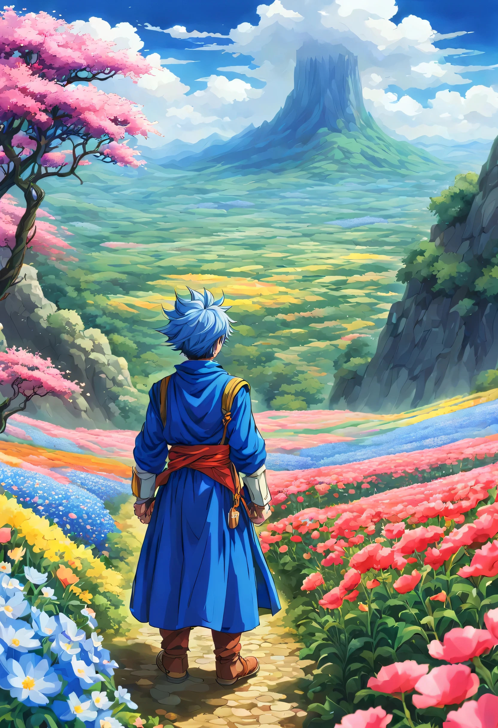 一面の花畑のWind景,The main character stands in the center of the flower garden:dragon quest 4,dragon quest 4の主人公:Rear view,Costume of the brave:be familiar with,He has no time left for sentimentality..,I have to leave this place as soon as possible..,deep sadness of losing a loved one,Very beautiful flower garden,Wind,petals dance,A work of art that moves the viewer,tears,Expressing deep sadness with the beauty of a flower garden,lament,masterpiece,最高masterpiece,digital art,anime,be familiar with,flash,とてもflash,鳥山明の画Wind,Vast land beneath the cliff,beautiful blue sky