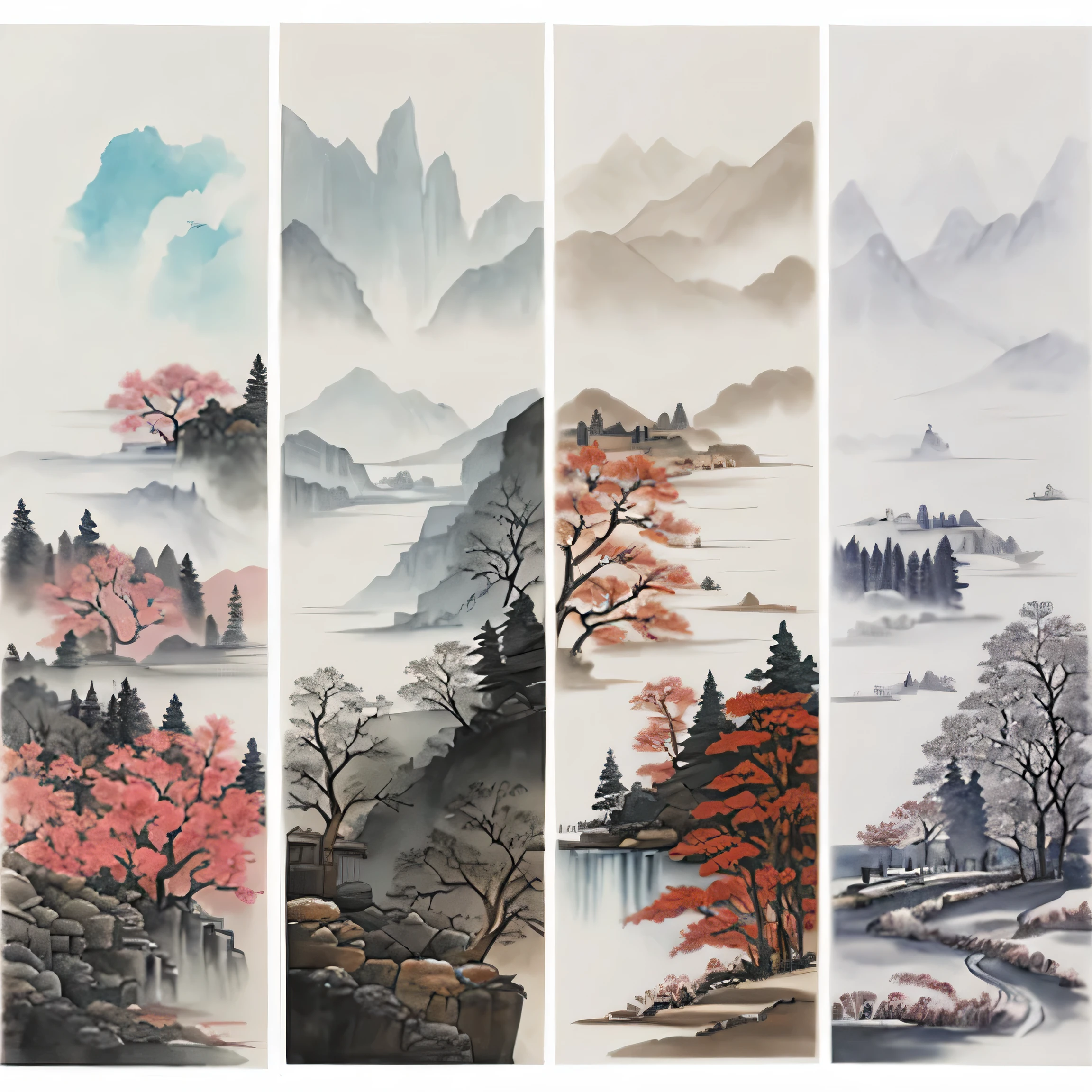 ink，landscape，Four screens，simple，artistic conception，Four seasons，Four seasons，Ancient，Freehand brushwork，