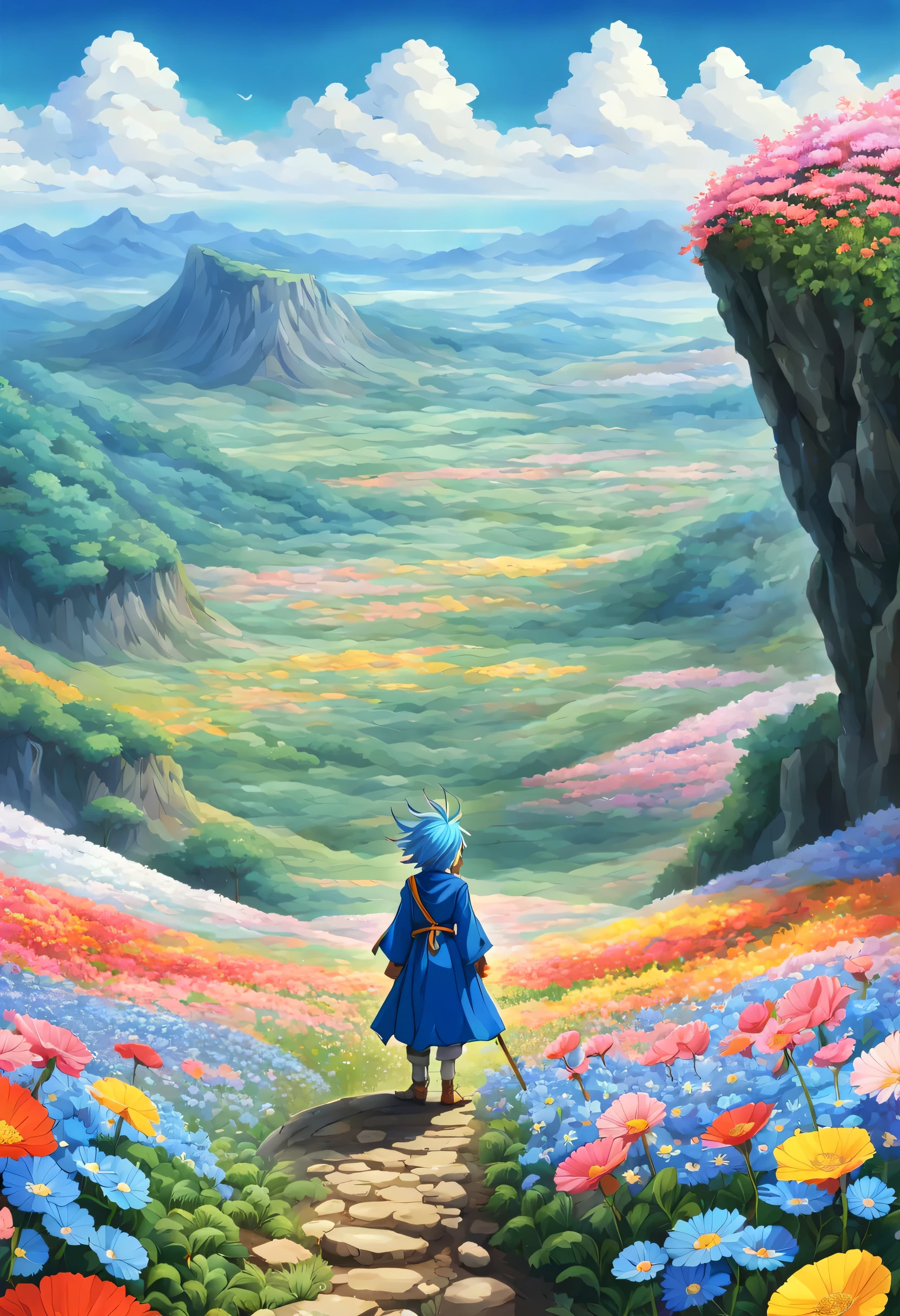 一面の花畑のWind景,The main character stands in the center of the flower garden:dragon quest 4,dragon quest 4の主人公:Rear view,Costume of the brave:be familiar with,He has no time left for sentimentality..,I have to leave this place as soon as possible..,deep sadness of losing a loved one,Very beautiful flower garden,Wind,petals dance,A work of art that moves the viewer,tears,Expressing deep sadness with the beauty of a flower garden,lament,masterpiece,最高masterpiece,digital art,anime,be familiar with,flash,とてもflash,鳥山明の画Wind,Vast land beneath the cliff,beautiful blue sky