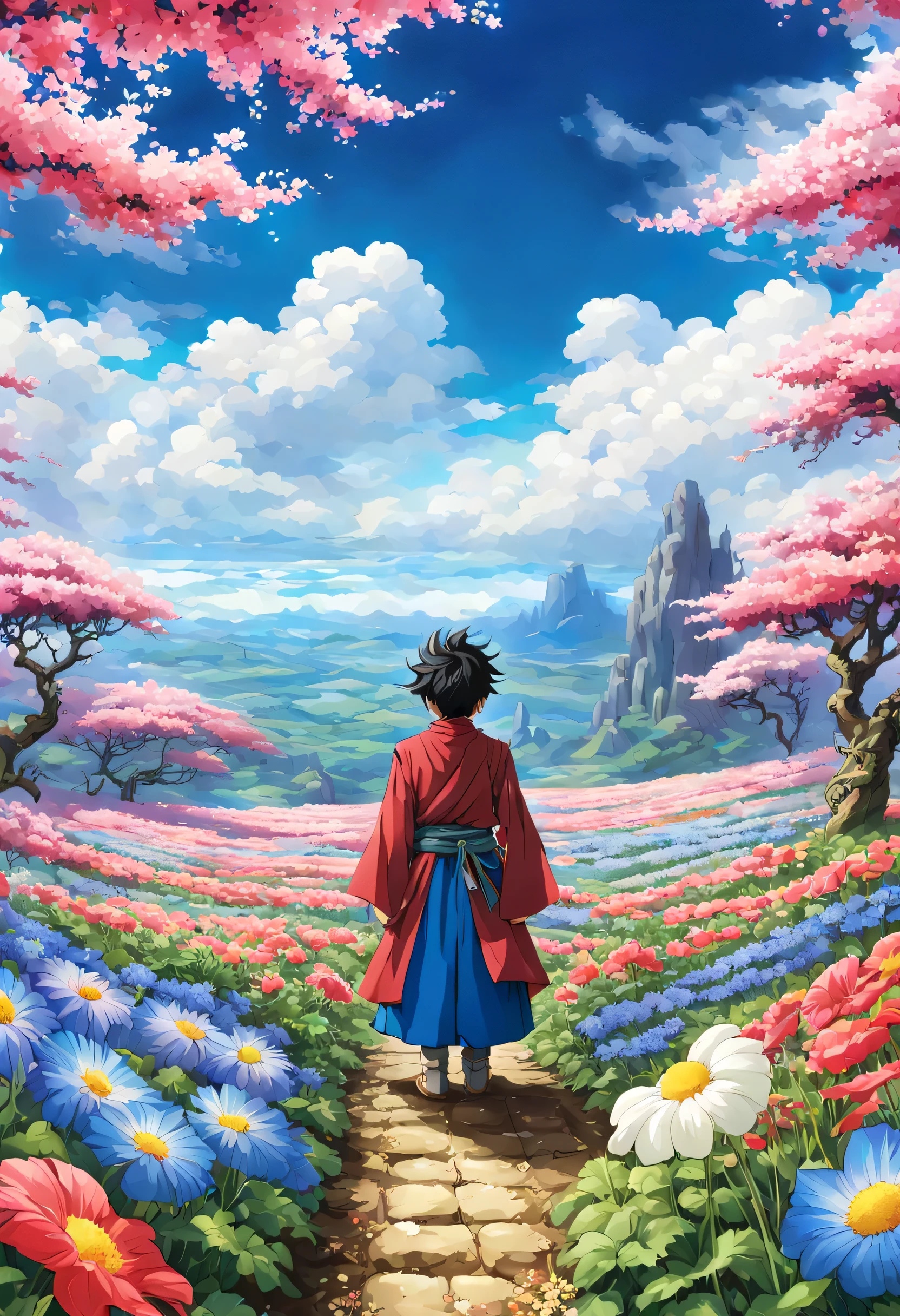 一面の花畑のWind景,The main character stands in the center of the flower garden:dragon quest 4,dragon quest 4の主人公:Rear view,Costume of the brave:be familiar with,He has no time left for sentimentality..,I have to leave this place as soon as possible..,deep sadness of losing a loved one,Very beautiful flower garden,Wind,petals dance,A work of art that moves the viewer,tears,Expressing deep sadness with the beauty of a flower garden,lament,masterpiece,最高masterpiece,digital art,anime,be familiar with,flash,とてもflash,鳥山明の画Wind,Beautiful plateau and blue sky spread out