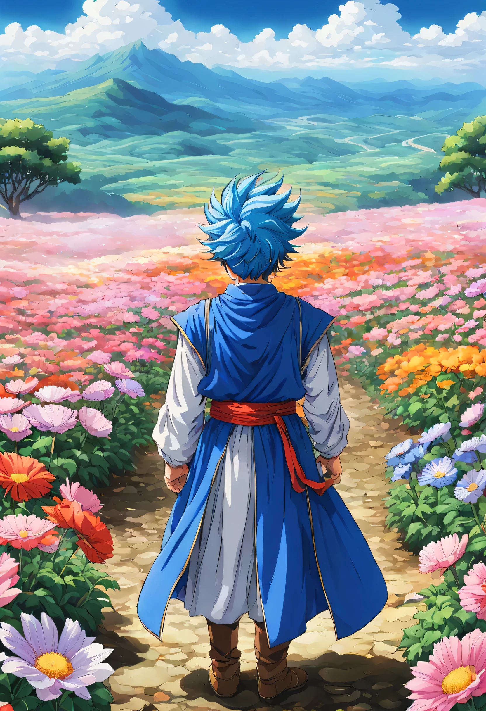 一面の花畑のWind景,The main character stands in the center of the flower garden:dragon quest 4,dragon quest 4の主人公:Rear view,Costume of the brave:be familiar with,He has no time left for sentimentality..,I have to leave this place as soon as possible..,deep sadness of losing a loved one,Very beautiful flower garden,Wind,petals dance,A work of art that moves the viewer,tears,Expressing deep sadness with the beauty of a flower garden,lament,masterpiece,最高masterpiece,digital art,anime,be familiar with,flash,とてもflash,鳥山明の画Wind,Beautiful plateau and blue sky spread out