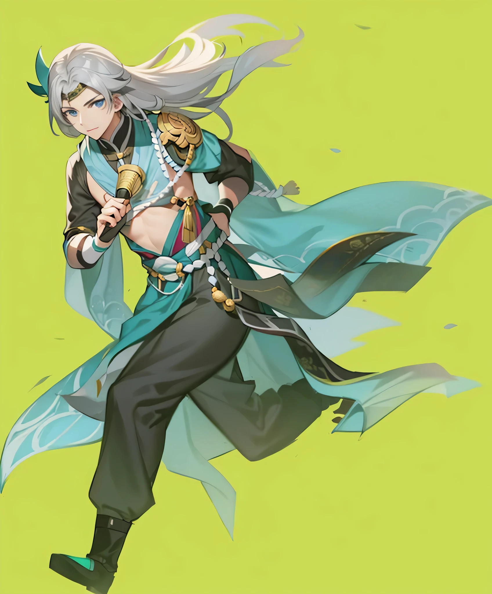 Zhuge Liang,wearing ancient costumes,Take a fan,gray short hair,His eyes are sharp and profound,His face is unusually handsome