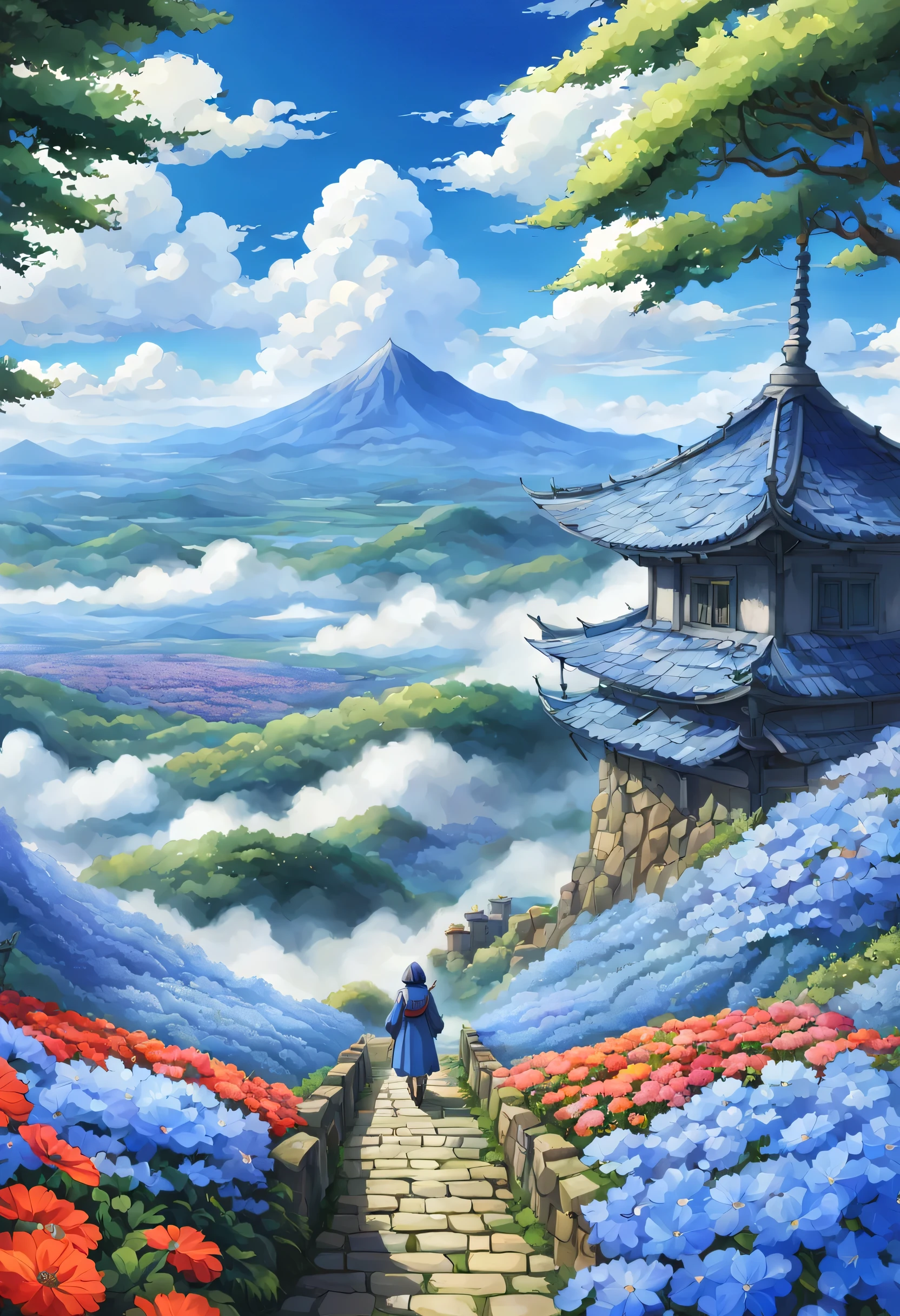 一面の花畑のWind景,花畑の中央に立っているBrave:dragon quest 4,Brave:Rear view,Braveの衣装:be familiar with,He has no time left for sentimentality..,I have to leave this place as soon as possible..,deep sadness of losing a loved one,Very beautiful flower garden,Wind,petals dance,A work of art that moves the viewer,tears,Expressing deep sadness with the beauty of a flower garden,lament,masterpiece,最高masterpiece,digital art,anime,be familiar with,flash,とてもflash,鳥山明の画Wind,beautiful blue sky,Smoke rises in the distance