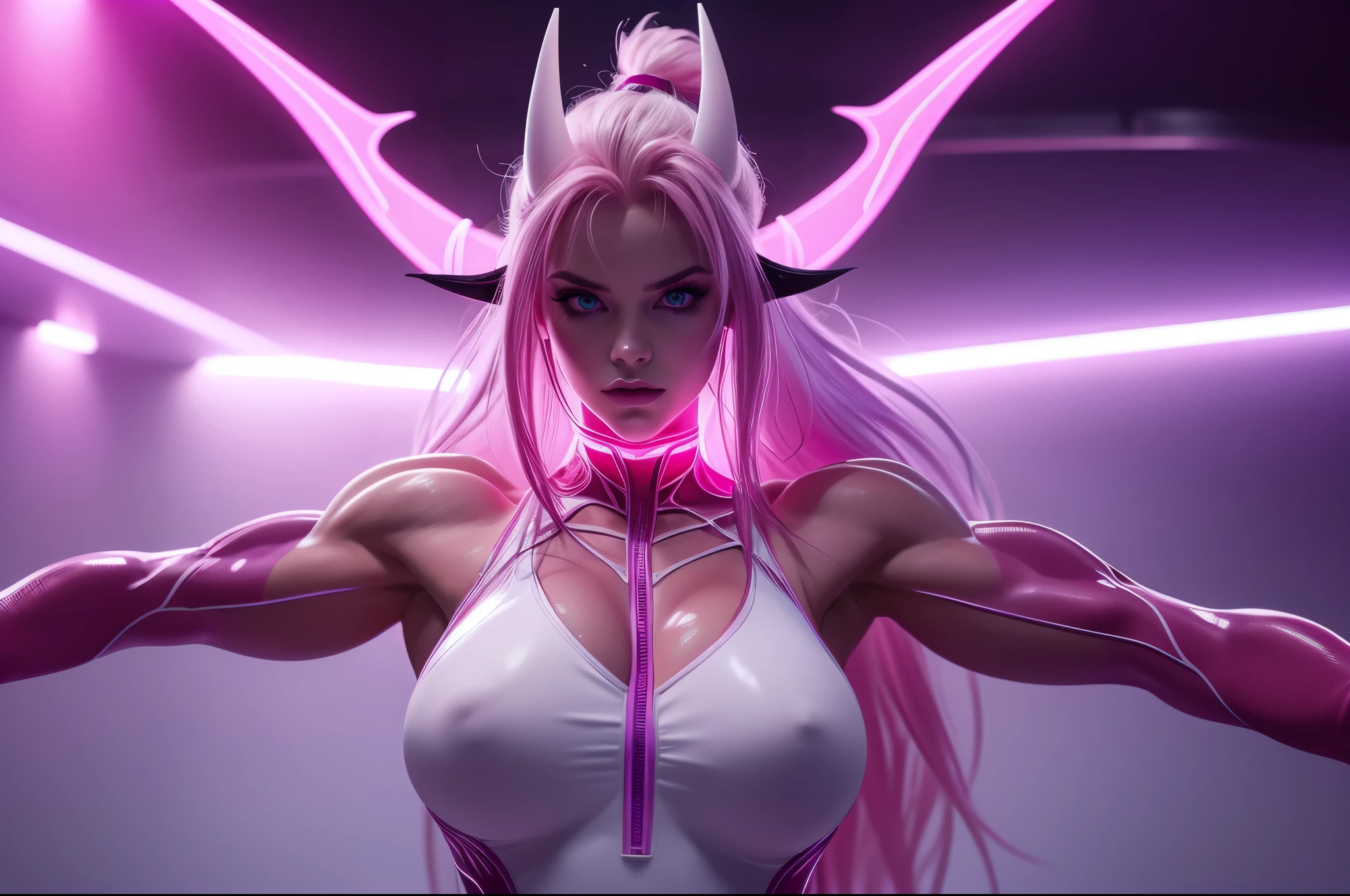 (pink and purple demoness:1.5),(beautiful female model:1.5), (demoness with Large horns:1.25),(1 super muscular succubus with flayed skin:1.5), (covered in thick white muscle suit:1.5), (exposed perfect anatomy:1.5), high detail, best quality, masterpiece, finely detail, realistic skin texture, 85 mm art lens, f 1.2, sharp focus, 8 k high definition, insanely detailed, intricate, super glowing eyes, pink hair, glowing white background, hair bun, beautiful female face, white skin, pink highlights, big breast, huge saggy breast, natural face, no makeup on, purple neon lights in the background, only one demoness