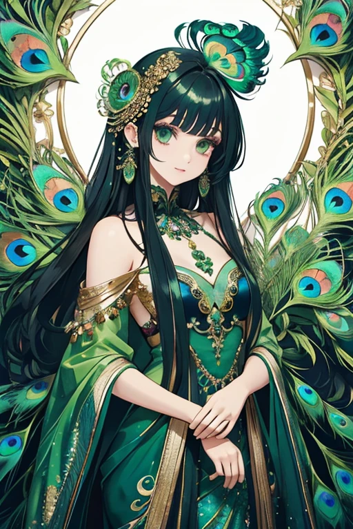 An anthropomorphic peacock、Beautiful woman、Highly artistic makeup、green shining costume、Ornaments inspired by gorgeous peacock feathers、god々new halo、black long hair、