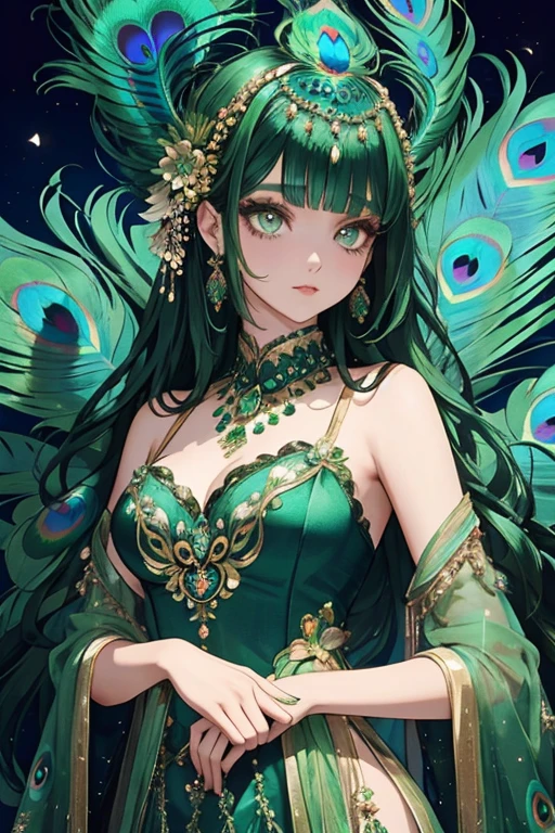 An anthropomorphic peacock、Beautiful woman、Highly artistic makeup、green shining costume、Ornaments inspired by gorgeous peacock feathers、god々new halo、black long hair、