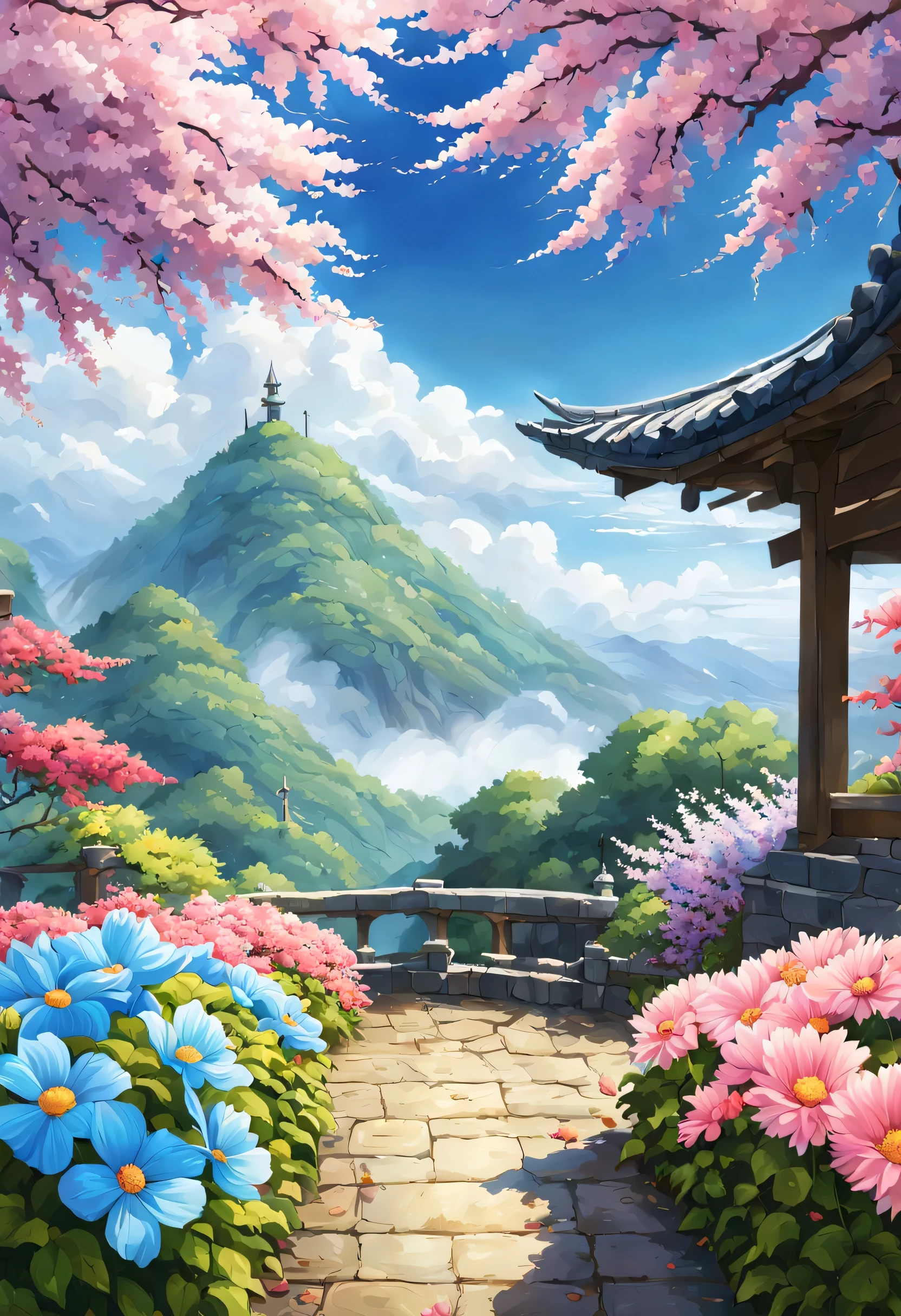 一面の花畑のWind景,花畑の中央に立っているBrave:dragon quest 4,Brave:Rear view,Braveの衣装:be familiar with,He has no time left for sentimentality..,I have to leave this place as soon as possible..,deep sadness of losing a loved one,Very beautiful flower garden,Wind,petals dance,A work of art that moves the viewer,tears,Expressing deep sadness with the beauty of a flower garden,lament,masterpiece,最高masterpiece,digital art,anime,be familiar with,flash,とてもflash,鳥山明の画Wind,beautiful blue sky,Smoke rises in the distance