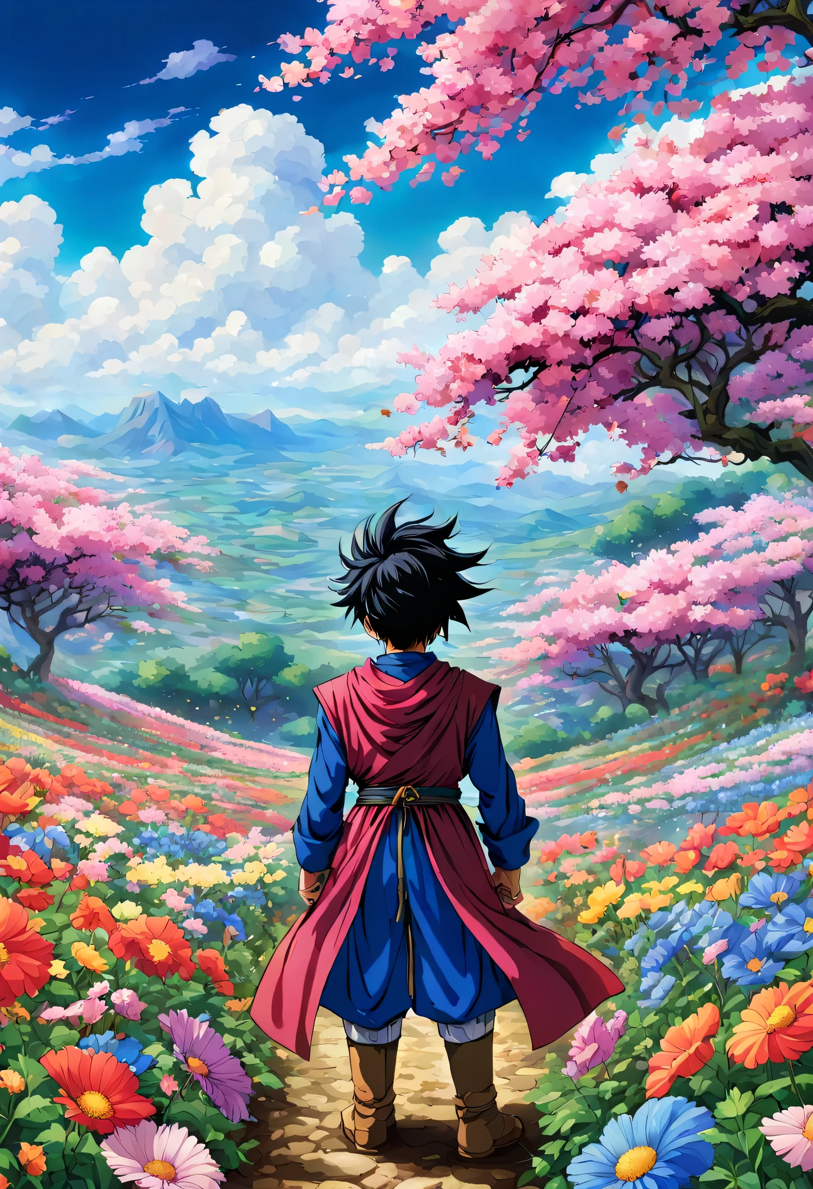 一面の花畑のWind景,The main character stands in the center of the flower garden:dragon quest 4,dragon quest 4の主人公:Rear view,Costume of the brave:be familiar with,He has no time left for sentimentality..,I have to leave this place as soon as possible..,deep sadness of losing a loved one,Very beautiful flower garden,Wind,petals dance,A work of art that moves the viewer,tears,Expressing deep sadness with the beauty of a flower garden,lament,masterpiece,最高masterpiece,digital art,anime,be familiar with,flash,とてもflash,鳥山明の画Wind,I can see the sign in the distance