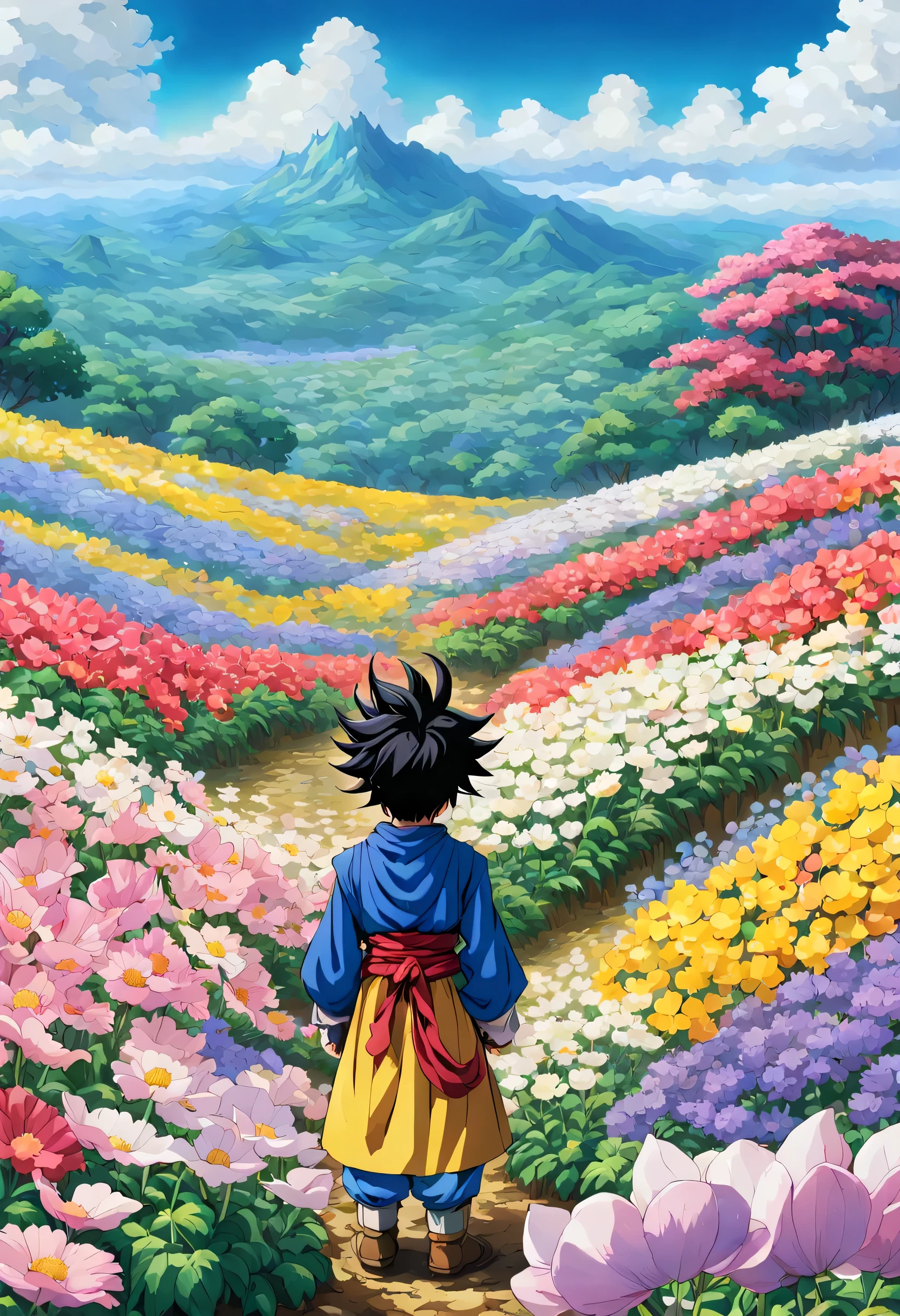 一面の花畑のWind景,The main character stands in the center of the flower garden:dragon quest 4,dragon quest 4の主人公:Rear view,Costume of the brave:be familiar with,He has no time left for sentimentality..,I have to leave this place as soon as possible..,deep sadness of losing a loved one,Very beautiful flower garden,Wind,petals dance,A work of art that moves the viewer,tears,Expressing deep sadness with the beauty of a flower garden,lament,masterpiece,最高masterpiece,digital art,anime,be familiar with,flash,とてもflash,鳥山明の画Wind,I can see the sign in the distance