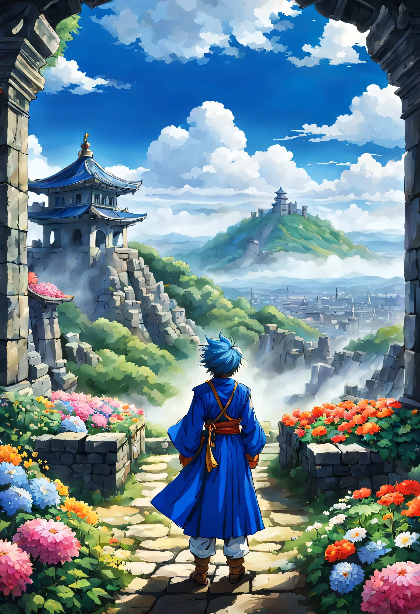 一面の花畑のWind景,花畑の中央に立っているBrave:dragon quest 4,Brave:Rear view,Braveの衣装:be familiar with,He has no time left for sentimentality..,I have to leave this place as soon as possible..,deep sadness of losing a loved one,Very beautiful flower garden,Wind,petals dance,A work of art that moves the viewer,tears,Expressing deep sadness with the beauty of a flower garden,lament,masterpiece,最高masterpiece,digital art,anime,be familiar with,flash,とてもflash,鳥山明の画Wind,beautiful blue sky,Smoke rises from the ruins below.