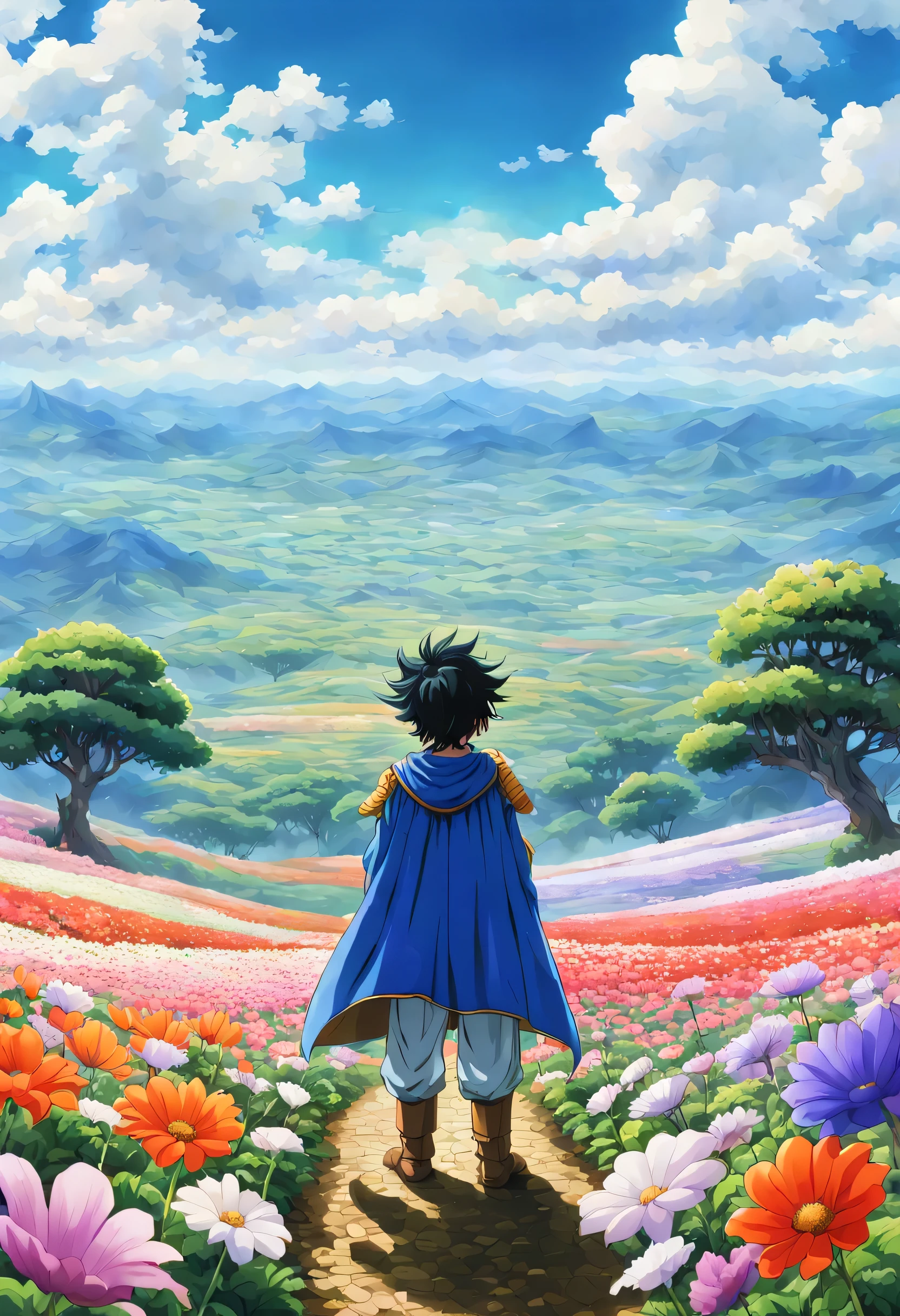一面の花畑のWind景,The main character stands in the center of the flower garden:dragon quest 4,dragon quest 4の主人公:Rear view,Costume of the brave:be familiar with,He has no time left for sentimentality..,I have to leave this place as soon as possible..,deep sadness of losing a loved one,Very beautiful flower garden,Wind,petals dance,A work of art that moves the viewer,tears,Expressing deep sadness with the beauty of a flower garden,lament,masterpiece,最高masterpiece,digital art,anime,be familiar with,flash,とてもflash,鳥山明の画Wind