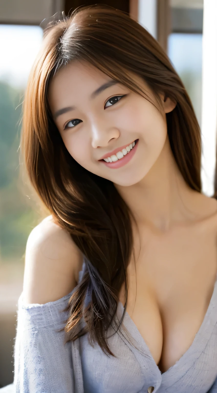 Japanese ),((beautiful girl)),cleavage,An expression that imagines something pleasant:1.2,(perfect body beauty:1.2),((perfect body)),(shy smile),beautiful teeth,