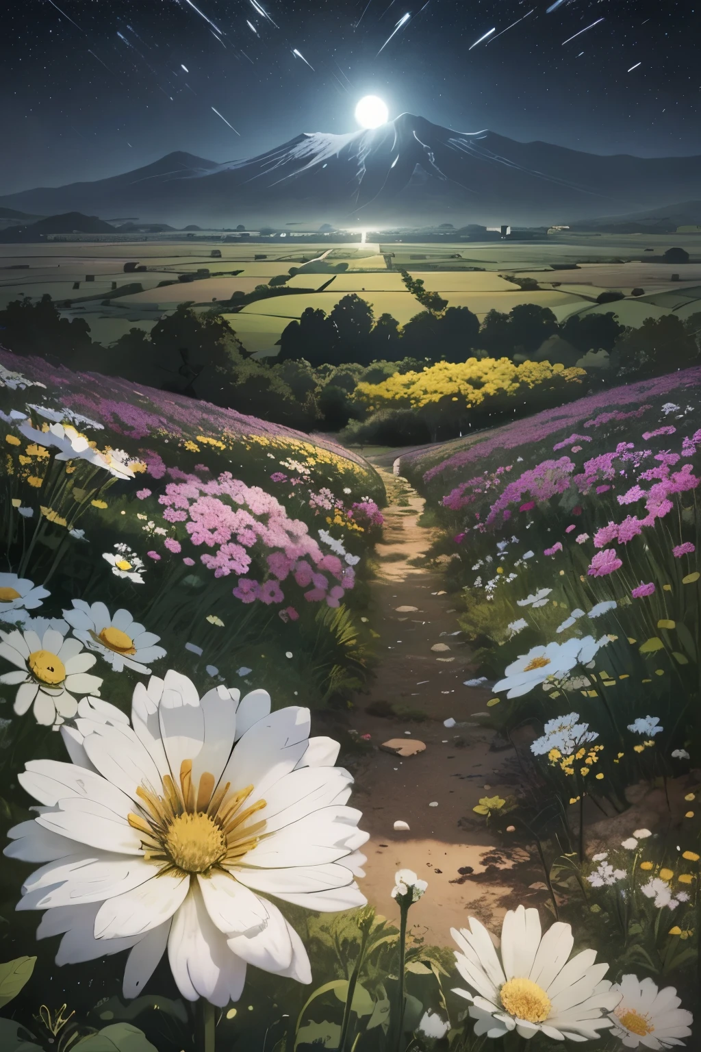 （masterpiece、need、Super exquisite、high resolution）， night:1.5，moonlight，meteor shower, 各种各样的flower, landscape, venue, Sky, white flower, 漫山遍野开满flower, horizon, flower ,rain， yellow flower, daisy, landscape,, (illustration:1.0), masterpiece, best quality