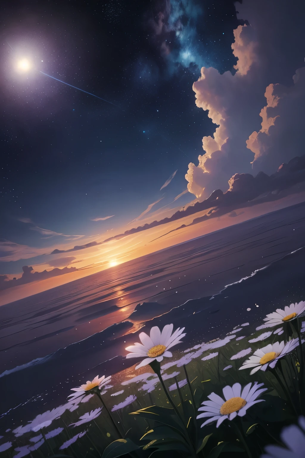 （masterpiece、need、Super exquisite、high resolution）， night:1.5，moonlight，meteor shower, 各种各样的flower, landscape, venue, Sky, white flower, 漫山遍野开满flower, horizon, flower ,rain， yellow flower, daisy, landscape,, (illustration:1.0), masterpiece, best quality