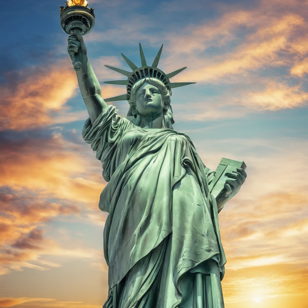 The Statue of Liberty is a prominent symbol of freedom and liberty. It is a colossal neoclassical sculpture located on Liberty Island in New York Harbor. The statue depicts a robed female figure representing Libertas, the Roman goddess of freedom and was a gift from France to the United States. Photo-realistic close-up of the Statue of Liberty with extreme detail description, capturing the intricate facial features, including beautifully sculpted eyes, detailed lips, and a graceful expression. Best quality high-resolution image (4k, 8k, or masterpiece:1.2) showcasing the stunning craftsmanship and precision of the statue. The statue stands tall against a backdrop of a golden sunset and a clear blue sky, creating a vibrant and vivid color palette. Studio lighting illuminates the statue, highlighting its majestic presence. The Statue of Liberty is portrayed in a classical art style, reminiscent of neoclassical sculpture, paying homage to the historical significance and artistry of the statue. The statue is surrounded by lush greenery and a serene waterfront, adding a sense of tranquility to the scene. In the distance, a bustling cityscape can be seen, symbolizing the location of the statue and its connection to the thriving metropolis of New York City. Overall, the prompt captures the grandeur, beauty, and symbolic value of the Statue of Liberty, inviting Stable Diffusion to generate a visually stunning and iconic representation of this national monument.