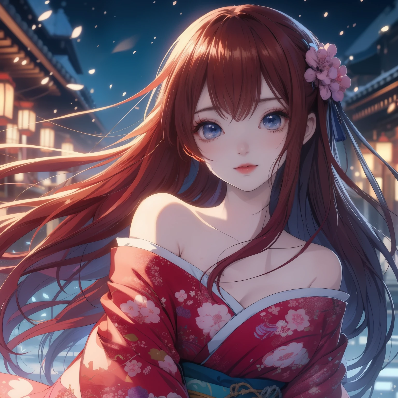 anime girl,long hair,blue eyes,Wearing a kimono, anime style 4k, Beautiful anime girl, anime wallpaper 4k, anime wallpaper 4k, Anime Art Wallpaper 4k, anime art wallpaper 4k, Beautiful anime portrait, 4k anime wallpaper, anime art wallpaper 8k, night nucleus, Beautiful anime, 4k comic wallpaper, HD anime wallpaper