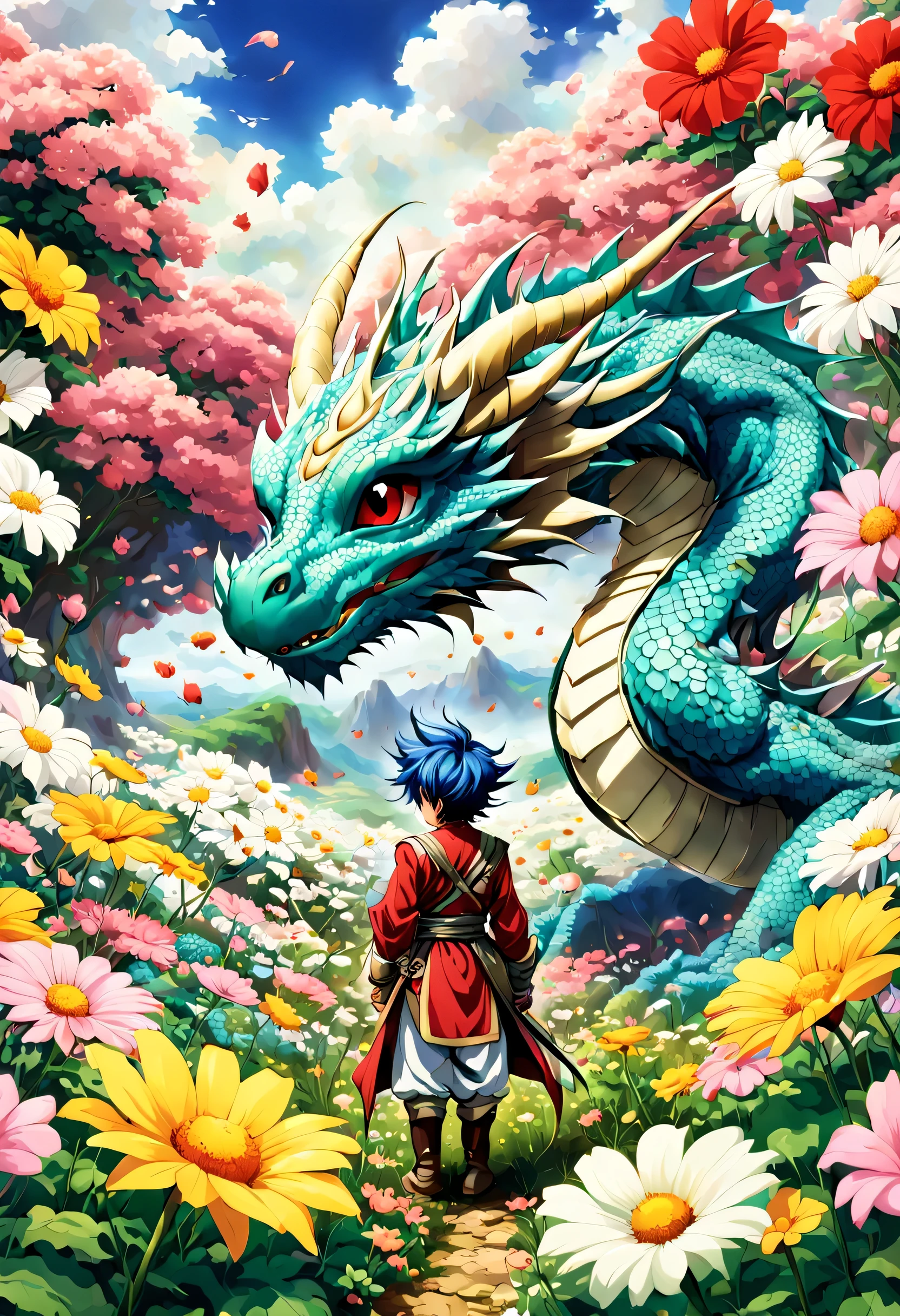 一面の花畑のWind景,The main character stands in the center of the flower garden:dragon quest 4,dragon quest 4の主人公:Rear view,Costume of the brave:be familiar with,He has no time left for sentimentality..,I have to leave this place as soon as possible..,deep sadness of losing a loved one,Very beautiful flower garden,Wind,petals dance,A work of art that moves the viewer,tears,Expressing deep sadness with the beauty of a flower garden,lament,masterpiece,最高masterpiece,digital art,anime,be familiar with,flash,とてもflash,鳥山明の画Wind,I can see the sign in the distance