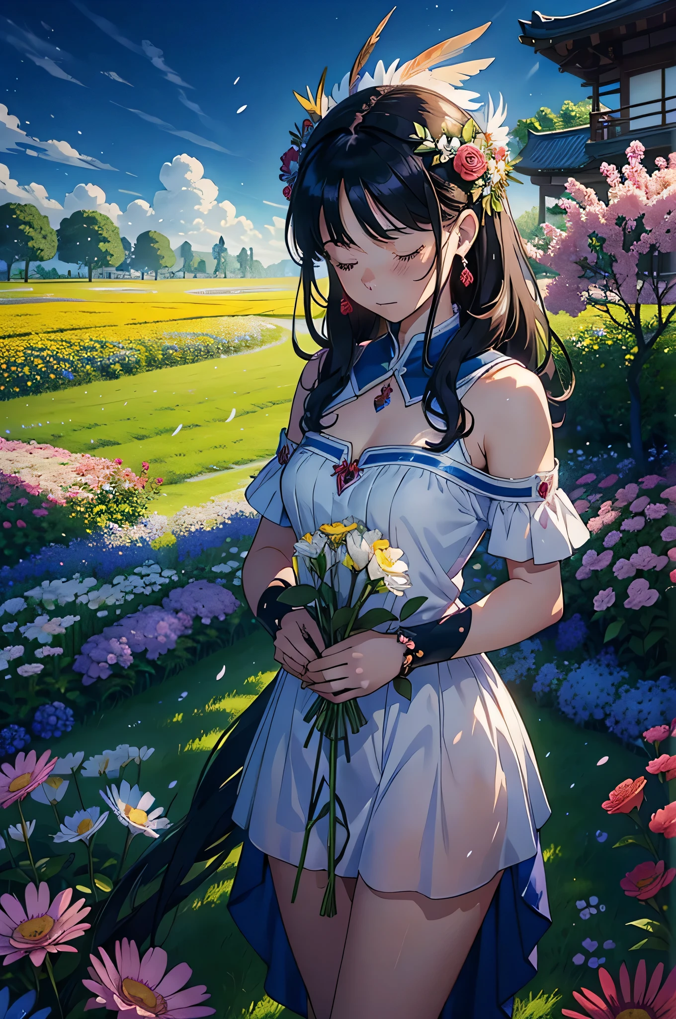一面の花畑のWind景,The hero who embraces Cynthia'He is wearing a feathered headdress and bowing his head in the middle of a flower field..:dragon quest 4,dragon quest 4の主人公:has a feather headdress:Looking down and crying,He has no time left for sentimentality..,I have to leave this place as soon as possible..,deep sadness of losing a loved one,Very beautiful flower garden,Wind,petals dance,A work of art that moves the viewer,tears,Expressing deep sadness with the beauty of a flower garden,lament,masterpiece,最高masterpiece,digital art,anime,be familiar with,flash,とてもflash