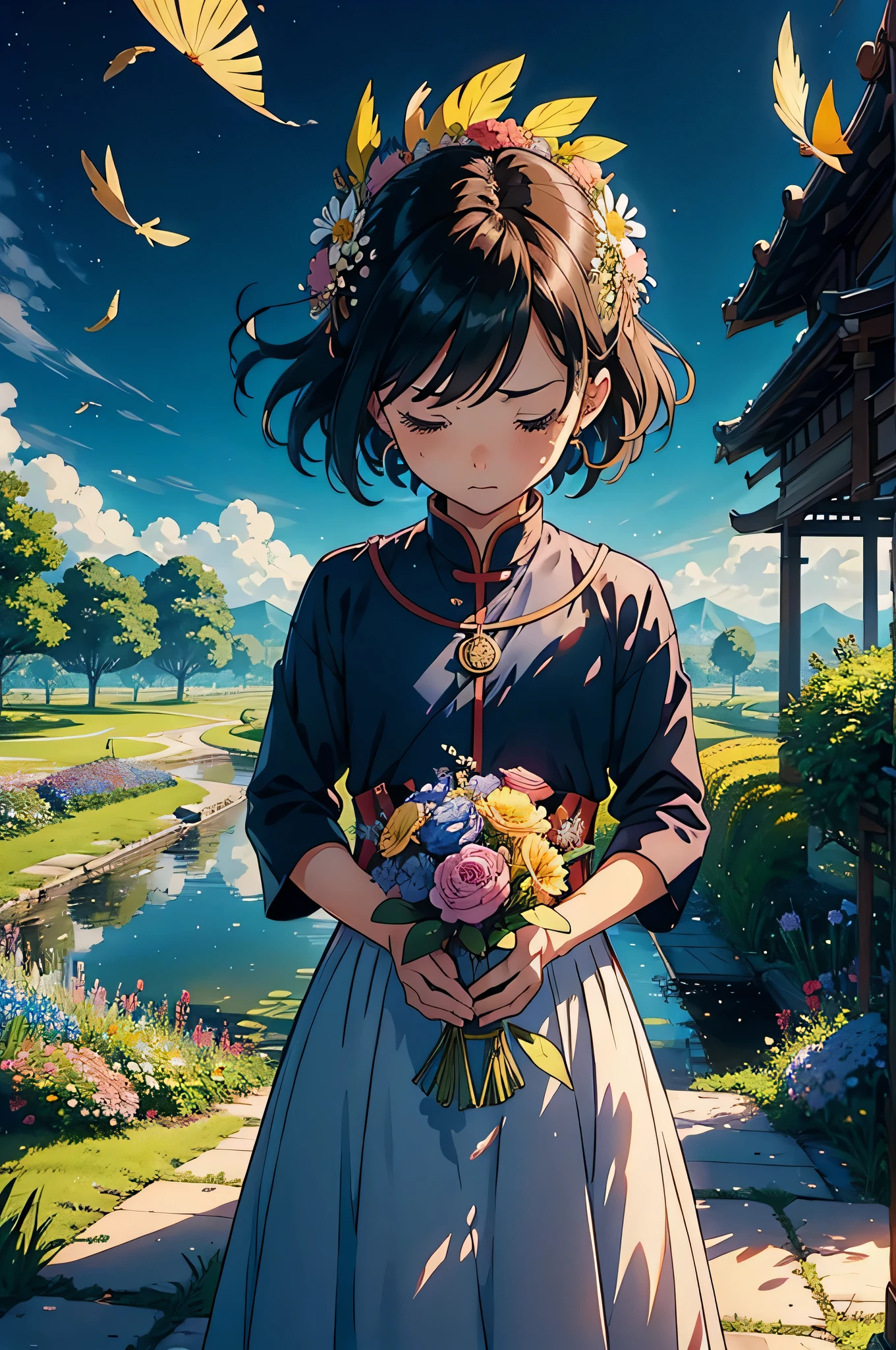 一面の花畑のWind景,The hero who embraces Cynthia&#39;He is wearing a feathered headdress and bowing his head in the middle of a flower field..:dragon quest 4,dragon quest 4の主人公:has a feather headdress:Looking down and crying,He has no time left for sentimentality..,I have to leave this place as soon as possible..,deep sadness of losing a loved one,Very beautiful flower garden,Wind,petals dance,A work of art that moves the viewer,tears,Expressing deep sadness with the beauty of a flower garden,lament,masterpiece,最高masterpiece,digital art,anime,be familiar with,flash,とてもflash