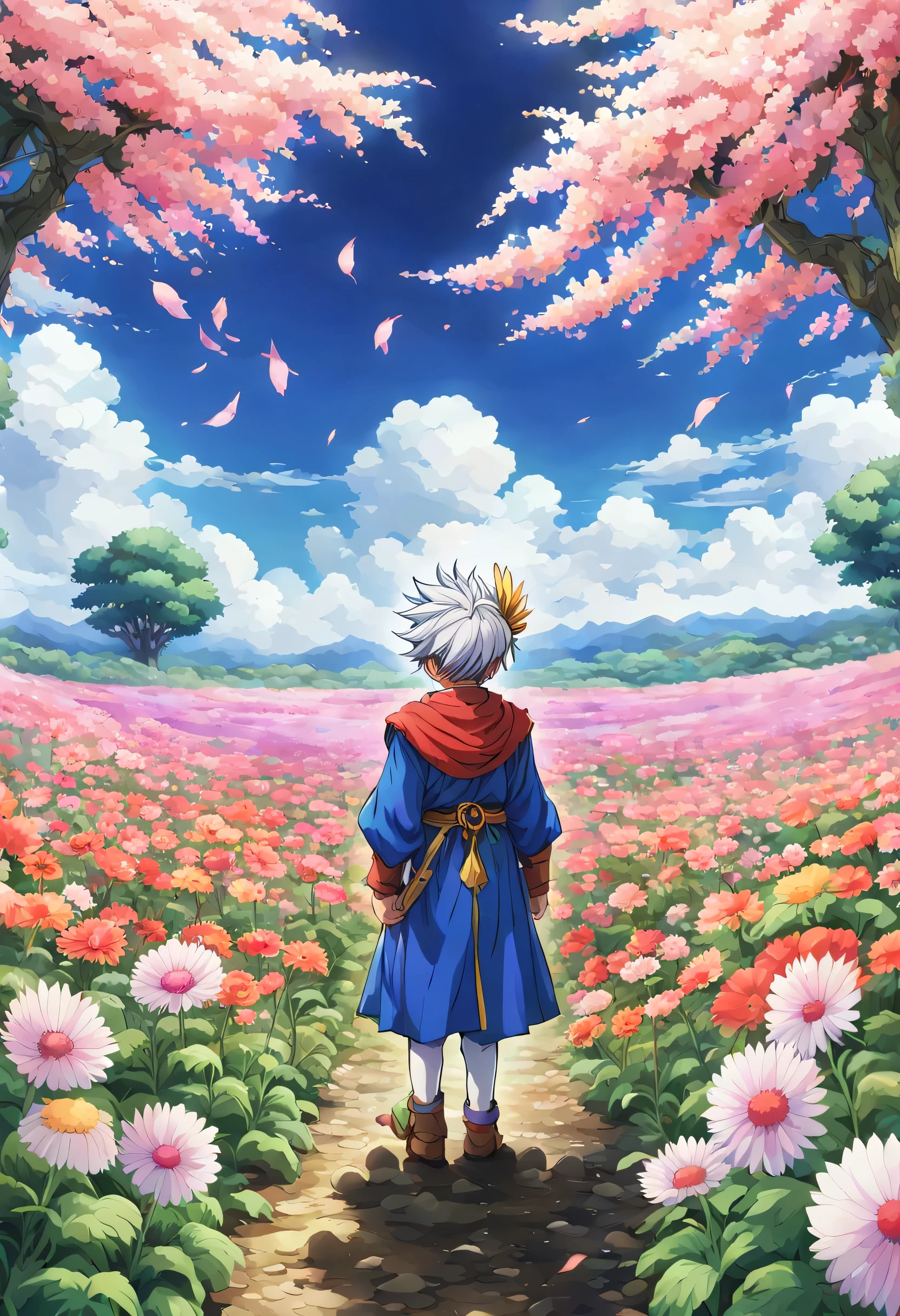 一面の花畑のWind景,The hero who embraces Cynthia&#39;He is wearing a feathered headdress and bowing his head in the middle of a flower field..:dragon quest 4,dragon quest 4の主人公:has a feather headdress:Looking down and crying,He has no time left for sentimentality..,I have to leave this place as soon as possible..,deep sadness of losing a loved one,Very beautiful flower garden,Wind,petals dance,A work of art that moves the viewer,tears,Expressing deep sadness with the beauty of a flower garden,lament,masterpiece,最高masterpiece,digital art,anime,be familiar with,flash,とてもflash