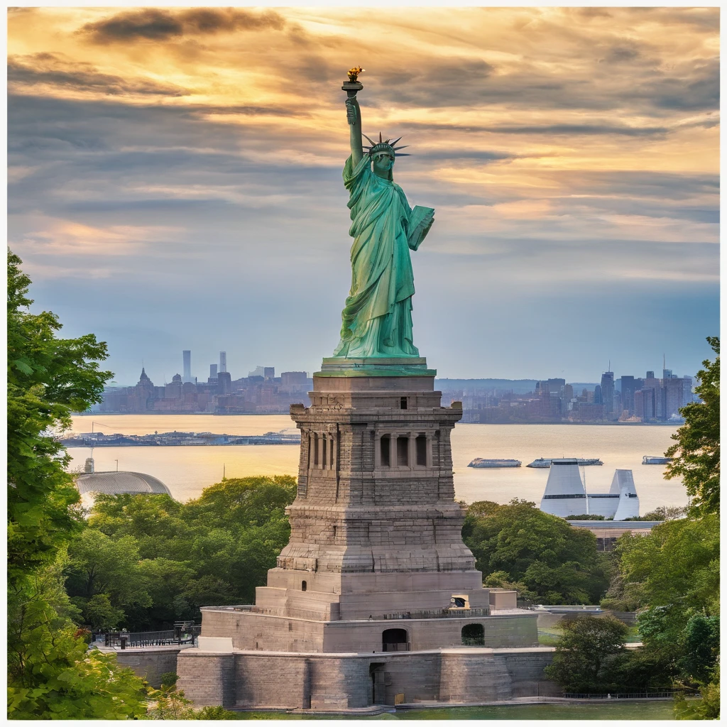 The Statue of Liberty is a prominent symbol of freedom and liberty. It is a colossal neoclassical sculpture located on Liberty Island in New York Harbor. The statue depicts a robed female figure representing Libertas, the Roman goddess of freedom and was a gift from France to the United States. Photo-realistic close-up of the Statue of Liberty with extreme detail description, capturing the intricate facial features, including beautifully sculpted eyes, detailed lips, and a graceful expression. Best quality high-resolution image (4k, 8k, or masterpiece:1.2) showcasing the stunning craftsmanship and precision of the statue. The statue stands tall against a backdrop of a golden sunset and a clear blue sky, creating a vibrant and vivid color palette. Studio lighting illuminates the statue, highlighting its majestic presence. The Statue of Liberty is portrayed in a classical art style, reminiscent of neoclassical sculpture, paying homage to the historical significance and artistry of the statue. The statue is surrounded by lush greenery and a serene waterfront, adding a sense of tranquility to the scene. In the distance, a bustling cityscape can be seen, symbolizing the location of the statue and its connection to the thriving metropolis of New York City. Overall, the prompt captures the grandeur, beauty, and symbolic value of the Statue of Liberty, inviting Stable Diffusion to generate a visually stunning and iconic representation of this national monument.