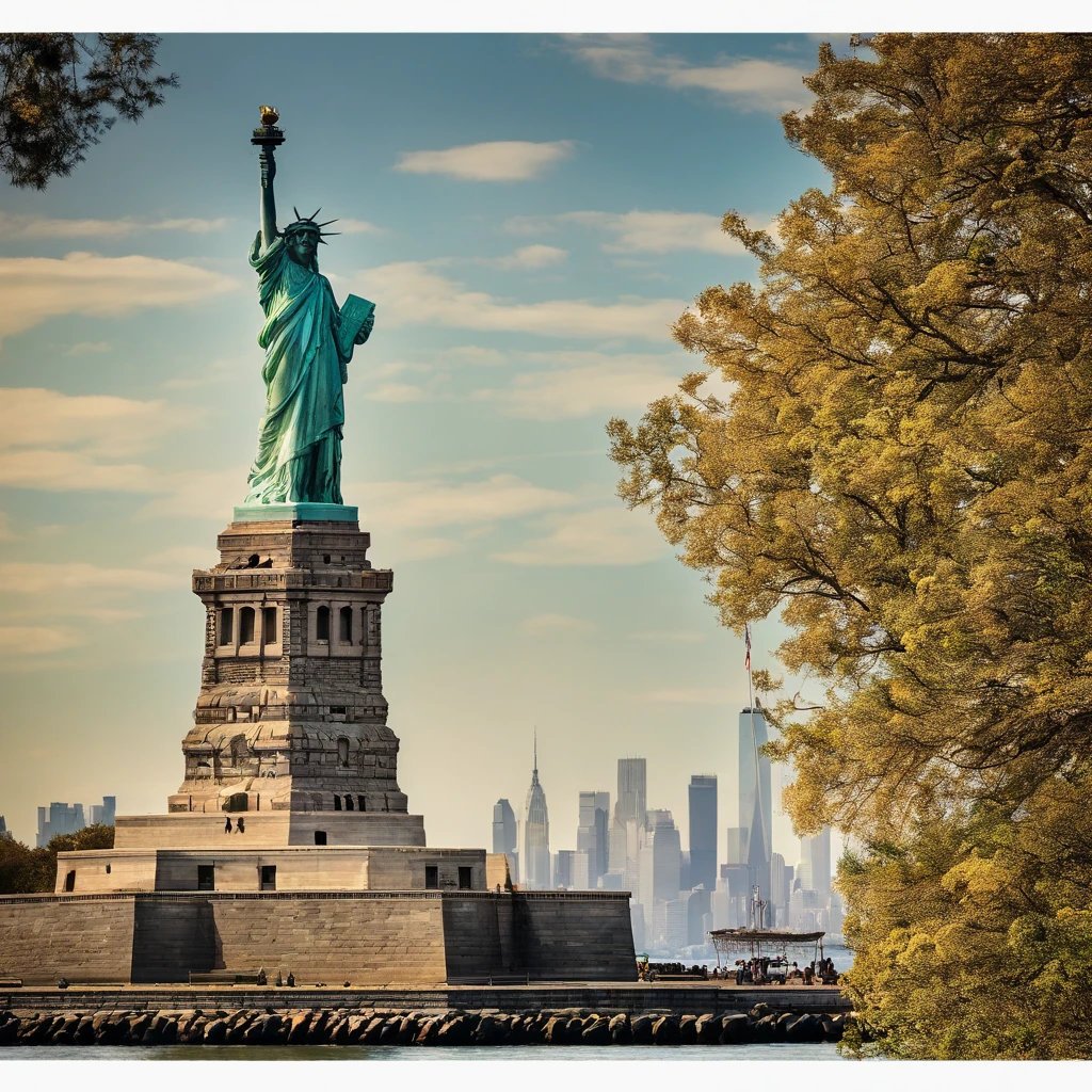 The Statue of Liberty is a prominent symbol of freedom and liberty. It is a colossal neoclassical sculpture located on Liberty Island in New York Harbor. The statue depicts a robed female figure representing Libertas, the Roman goddess of freedom and was a gift from France to the United States. Photo-realistic close-up of the Statue of Liberty with extreme detail description, capturing the intricate facial features, including beautifully sculpted eyes, detailed lips, and a graceful expression. Best quality high-resolution image (4k, 8k, or masterpiece:1.2) showcasing the stunning craftsmanship and precision of the statue. The statue stands tall against a backdrop of a golden sunset and a clear blue sky, creating a vibrant and vivid color palette. Studio lighting illuminates the statue, highlighting its majestic presence. The Statue of Liberty is portrayed in a classical art style, reminiscent of neoclassical sculpture, paying homage to the historical significance and artistry of the statue. The statue is surrounded by lush greenery and a serene waterfront, adding a sense of tranquility to the scene. In the distance, a bustling cityscape can be seen, symbolizing the location of the statue and its connection to the thriving metropolis of New York City. Overall, the prompt captures the grandeur, beauty, and symbolic value of the Statue of Liberty, inviting Stable Diffusion to generate a visually stunning and iconic representation of this national monument.