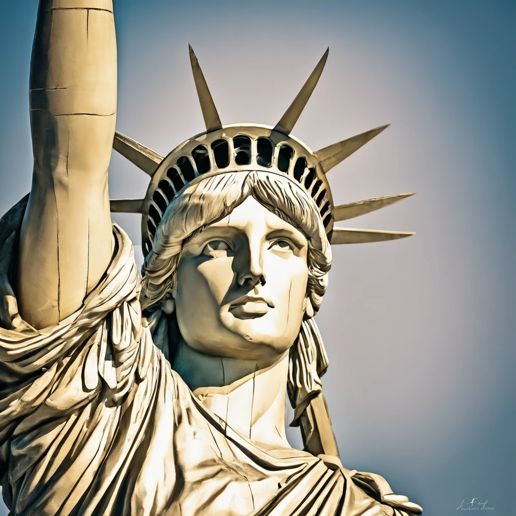 The Statue of Liberty is a prominent symbol of freedom and liberty. It is a colossal neoclassical sculpture located on Liberty Island in New York Harbor. The statue depicts a robed female figure representing Libertas, the Roman goddess of freedom and was a gift from France to the United States. Photo-realistic close-up of the Statue of Liberty with extreme detail description, capturing the intricate facial features, including beautifully sculpted eyes, detailed lips, and a graceful expression. Best quality high-resolution image (4k, 8k, or masterpiece:1.2) showcasing the stunning craftsmanship and precision of the statue. The statue stands tall against a backdrop of a golden sunset and a clear blue sky, creating a vibrant and vivid color palette. Studio lighting illuminates the statue, highlighting its majestic presence. The Statue of Liberty is portrayed in a classical art style, reminiscent of neoclassical sculpture, paying homage to the historical significance and artistry of the statue. The statue is surrounded by lush greenery and a serene waterfront, adding a sense of tranquility to the scene. In the distance, a bustling cityscape can be seen, symbolizing the location of the statue and its connection to the thriving metropolis of New York City. Overall, the prompt captures the grandeur, beauty, and symbolic value of the Statue of Liberty, inviting Stable Diffusion to generate a visually stunning and iconic representation of this national monument.