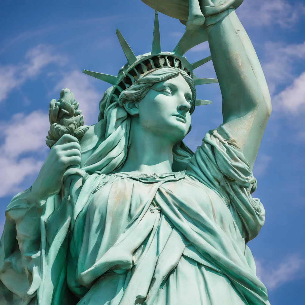 The Statue of Liberty is a prominent symbol of freedom and liberty. It is a colossal neoclassical sculpture located on Liberty Island in New York Harbor. The statue depicts a robed female figure representing Libertas, the Roman goddess of freedom and was a gift from France to the United States. Photo-realistic close-up of the Statue of Liberty with extreme detail description, capturing the intricate facial features, including beautifully sculpted eyes, detailed lips, and a graceful expression. Best quality high-resolution image (4k, 8k, or masterpiece:1.2) showcasing the stunning craftsmanship and precision of the statue. The statue stands tall against a backdrop of a golden sunset and a clear blue sky, creating a vibrant and vivid color palette. Studio lighting illuminates the statue, highlighting its majestic presence. The Statue of Liberty is portrayed in a classical art style, reminiscent of neoclassical sculpture, paying homage to the historical significance and artistry of the statue. The statue is surrounded by lush greenery and a serene waterfront, adding a sense of tranquility to the scene. In the distance, a bustling cityscape can be seen, symbolizing the location of the statue and its connection to the thriving metropolis of New York City. Overall, the prompt captures the grandeur, beauty, and symbolic value of the Statue of Liberty, inviting Stable Diffusion to generate a visually stunning and iconic representation of this national monument.
