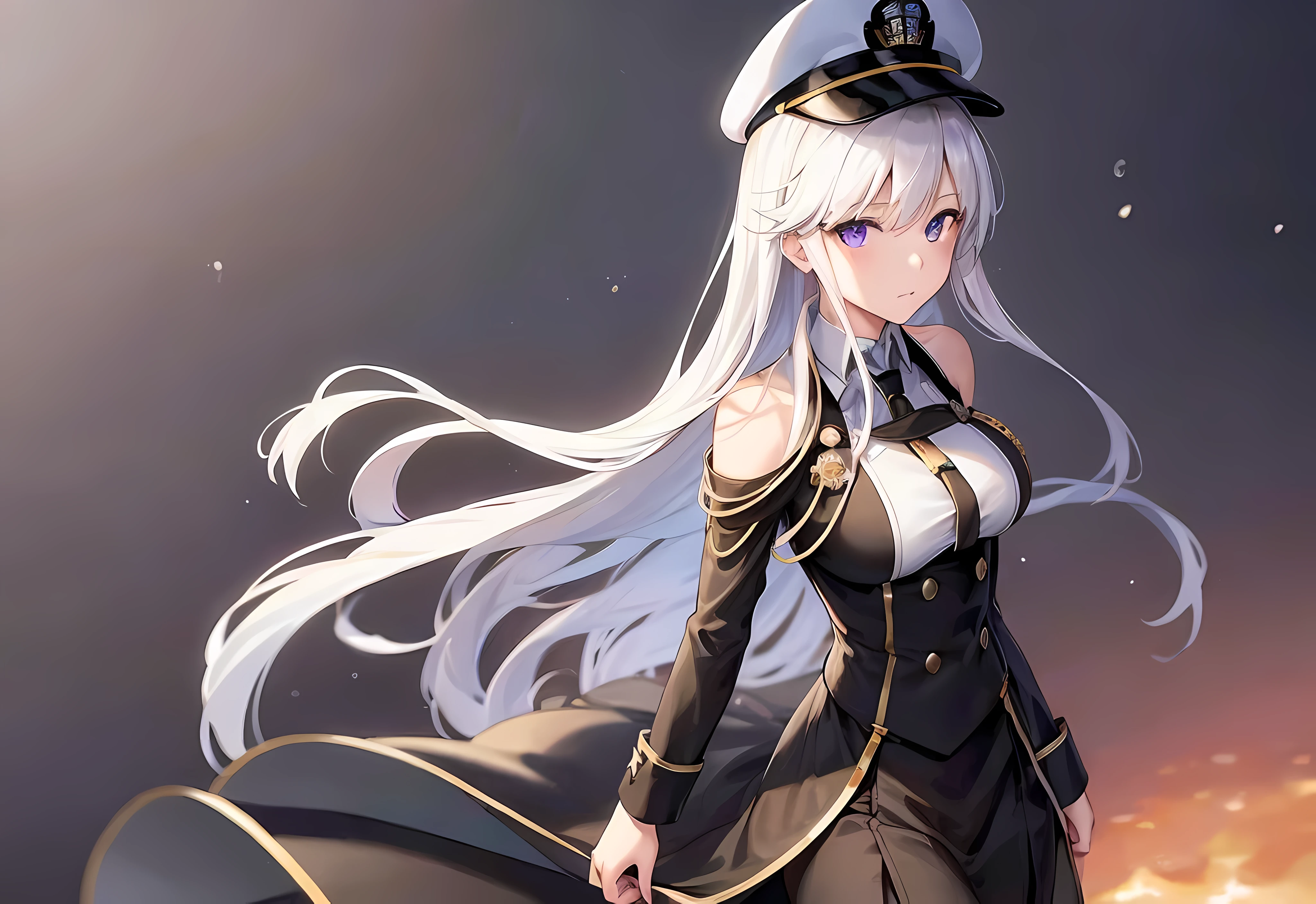 ((masterpiece, best quality, high resolution)), {full body}, ((1 girl)), ((beauty detailed eye)), {black neck tie:1.1}, {black gloves on both hand:1}, {elegant standing pose:1}, {military decoration on shoulder:1.05}, {white shirt:1.10}, {enterprise_azurlane:1}, {modern admiral hat:1.10}, {black detailed coat on shoulder:1.10}, {black skirt:1.15}, {black pantyhose:1.05}, {black military lace shoes:1.05}, [wide hips], slim, handsome, 16k picture quality, enterprise from azur lane, standing on sea, purple_eyes, hair_between_eyes, slight smile, long_hair, large breasts, beautiful detailed face, highly detailed, black leather gloves, illustration,extremely detailed sea background wallpaper, deep lines, precise brushstrokes, wonderful color scheme, intricate details, perfect fit harmonious tones, cinematic lighting, black pantyhose, mature, white_silver__long_hair, slightly_floating_hair, large_breasts,  jewelry, bangs, cinematic angle, posing caustics, looking_at_viewer