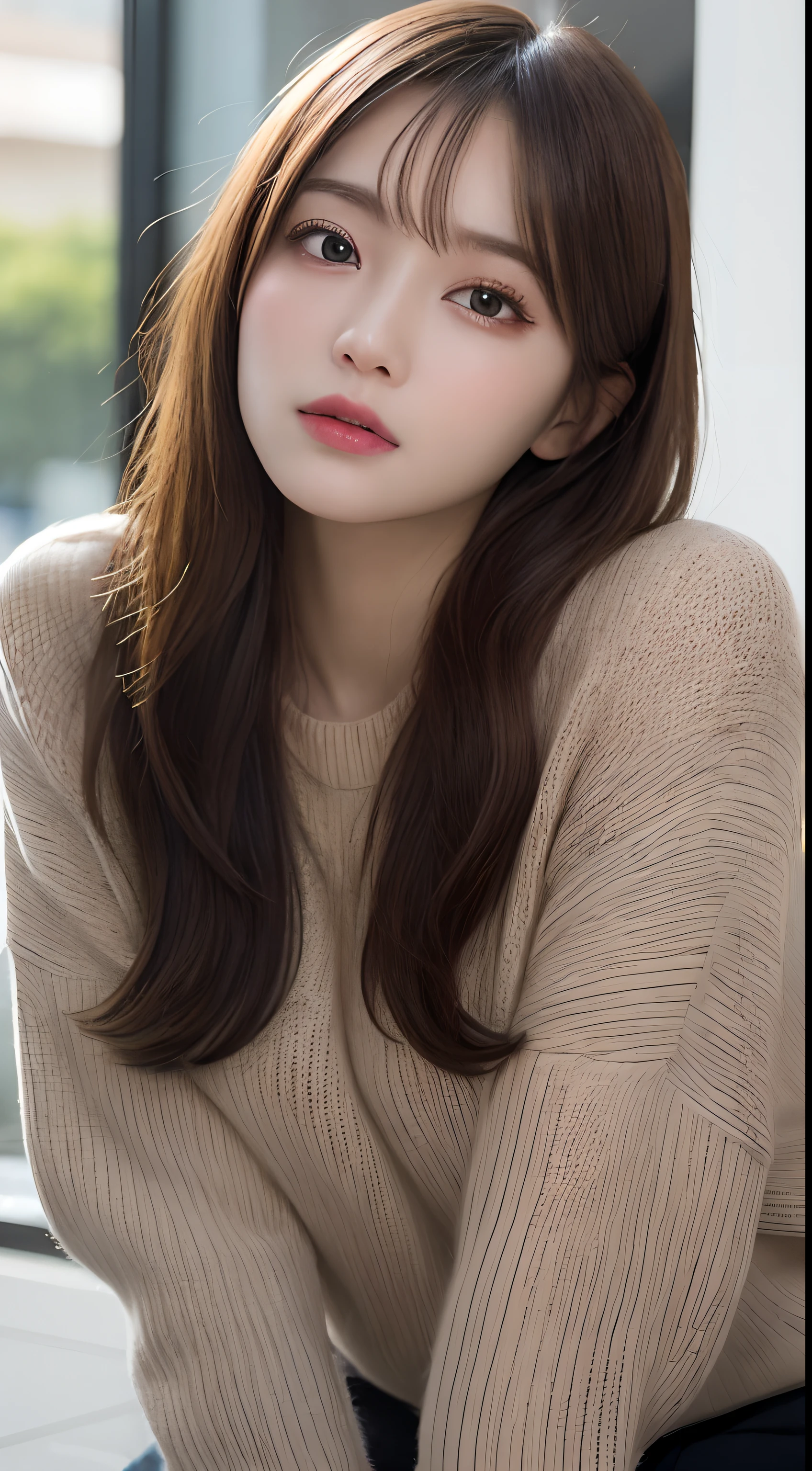finely, High resolution, high quality、完璧なダイナミックな構figure, detailed and beautiful eyes, medium hair, small breasts、natural color lip,Kamimei、Shibuya Ward、20 year old girl、1 person、transparent skin、shining hair、table top, 最high quality, figure, super detailed, finely, High resolution, 8k、correct state of the human body、squat、cute pose,messy hair,beautiful feet,perfect beautiful face,KPOP idol face,A face of ecstasy,sweater()