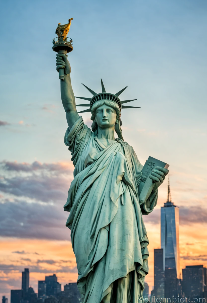 The Statue of Liberty is a prominent symbol of freedom and liberty. It is a colossal neoclassical sculpture located on Liberty Island in New York Harbor. The statue depicts a robed female figure representing Libertas, the Roman goddess of freedom and was a gift from France to the United States. Photo-realistic close-up of the Statue of Liberty with extreme detail description, capturing the intricate facial features, including beautifully sculpted eyes, detailed lips, and a graceful expression. Best quality high-resolution image (4k, 8k, or masterpiece:1.2) showcasing the stunning craftsmanship and precision of the statue. The statue stands tall against a backdrop of a golden sunset and a clear blue sky, creating a vibrant and vivid color palette. Studio lighting illuminates the statue, highlighting its majestic presence. The Statue of Liberty is portrayed in a classical art style, reminiscent of neoclassical sculpture, paying homage to the historical significance and artistry of the statue. The statue is surrounded by lush greenery and a serene waterfront, adding a sense of tranquility to the scene. In the distance, a bustling cityscape can be seen, symbolizing the location of the statue and its connection to the thriving metropolis of New York City. Overall, the prompt captures the grandeur, beauty, and symbolic value of the Statue of Liberty, inviting Stable Diffusion to generate a visually stunning and iconic representation of this national monument.