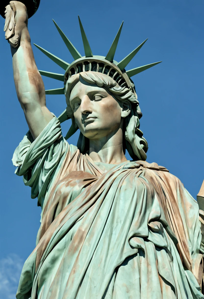 The Statue of Liberty is a prominent symbol of freedom and liberty. It is a colossal neoclassical sculpture located on Liberty Island in New York Harbor. The statue depicts a robed female figure representing Libertas, the Roman goddess of freedom and was a gift from France to the United States. Photo-realistic close-up of the Statue of Liberty with extreme detail description, capturing the intricate facial features, including beautifully sculpted eyes, detailed lips, and a graceful expression. Best quality high-resolution image (4k, 8k, or masterpiece:1.2) showcasing the stunning craftsmanship and precision of the statue. The statue stands tall against a backdrop of a golden sunset and a clear blue sky, creating a vibrant and vivid color palette. Studio lighting illuminates the statue, highlighting its majestic presence. The Statue of Liberty is portrayed in a classical art style, reminiscent of neoclassical sculpture, paying homage to the historical significance and artistry of the statue. The statue is surrounded by lush greenery and a serene waterfront, adding a sense of tranquility to the scene. In the distance, a bustling cityscape can be seen, symbolizing the location of the statue and its connection to the thriving metropolis of New York City. Overall, the prompt captures the grandeur, beauty, and symbolic value of the Statue of Liberty, inviting Stable Diffusion to generate a visually stunning and iconic representation of this national monument.