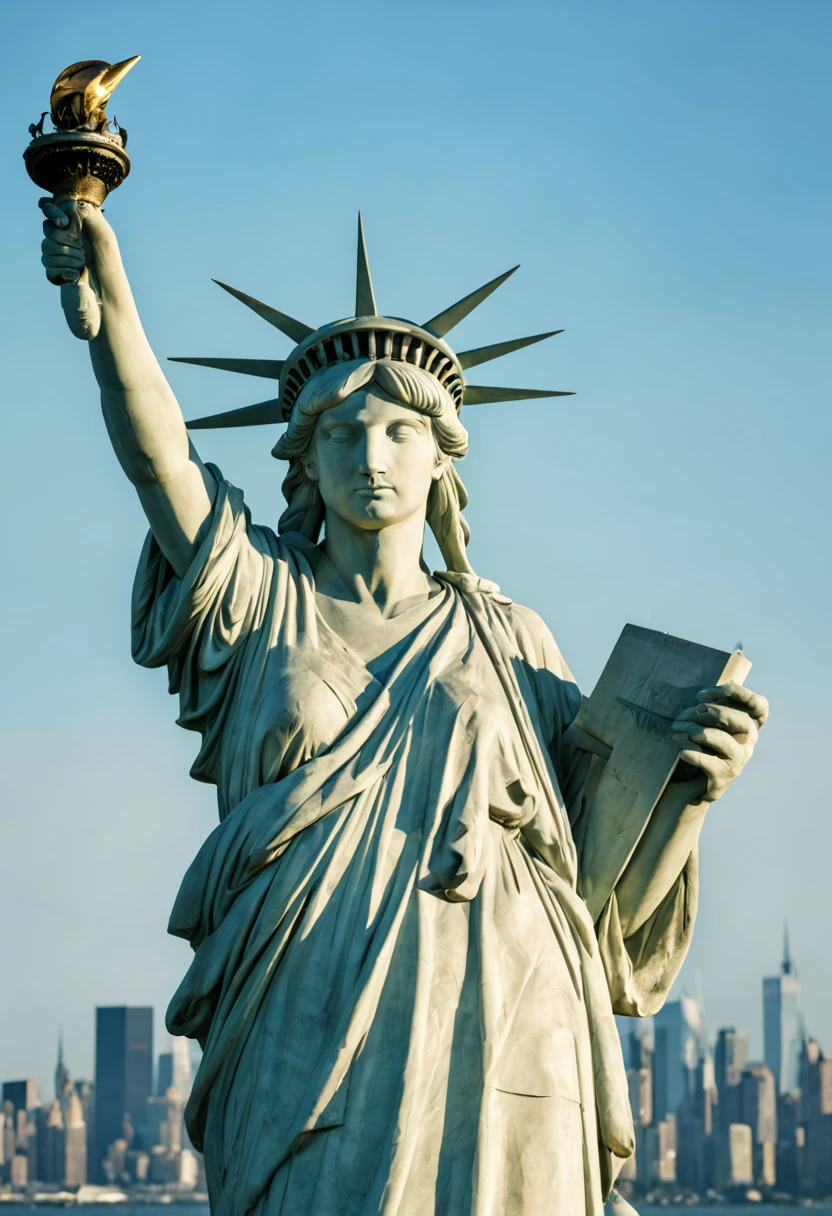 The Statue of Liberty is a prominent symbol of freedom and liberty. It is a colossal neoclassical sculpture located on Liberty Island in New York Harbor. The statue depicts a robed female figure representing Libertas, the Roman goddess of freedom and was a gift from France to the United States. Photo-realistic close-up of the Statue of Liberty with extreme detail description, capturing the intricate facial features, including beautifully sculpted eyes, detailed lips, and a graceful expression. Best quality high-resolution image (4k, 8k, or masterpiece:1.2) showcasing the stunning craftsmanship and precision of the statue. The statue stands tall against a backdrop of a golden sunset and a clear blue sky, creating a vibrant and vivid color palette. Studio lighting illuminates the statue, highlighting its majestic presence. The Statue of Liberty is portrayed in a classical art style, reminiscent of neoclassical sculpture, paying homage to the historical significance and artistry of the statue. The statue is surrounded by lush greenery and a serene waterfront, adding a sense of tranquility to the scene. In the distance, a bustling cityscape can be seen, symbolizing the location of the statue and its connection to the thriving metropolis of New York City. Overall, the prompt captures the grandeur, beauty, and symbolic value of the Statue of Liberty, inviting Stable Diffusion to generate a visually stunning and iconic representation of this national monument.