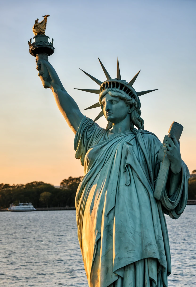 The Statue of Liberty is a prominent symbol of freedom and liberty. It is a colossal neoclassical sculpture located on Liberty Island in New York Harbor. The statue depicts a robed female figure representing Libertas, the Roman goddess of freedom and was a gift from France to the United States. Photo-realistic close-up of the Statue of Liberty with extreme detail description, capturing the intricate facial features, including beautifully sculpted eyes, detailed lips, and a graceful expression. Best quality high-resolution image (4k, 8k, or masterpiece:1.2) showcasing the stunning craftsmanship and precision of the statue. The statue stands tall against a backdrop of a golden sunset and a clear blue sky, creating a vibrant and vivid color palette. Studio lighting illuminates the statue, highlighting its majestic presence. The Statue of Liberty is portrayed in a classical art style, reminiscent of neoclassical sculpture, paying homage to the historical significance and artistry of the statue. The statue is surrounded by lush greenery and a serene waterfront, adding a sense of tranquility to the scene. In the distance, a bustling cityscape can be seen, symbolizing the location of the statue and its connection to the thriving metropolis of New York City. Overall, the prompt captures the grandeur, beauty, and symbolic value of the Statue of Liberty, inviting Stable Diffusion to generate a visually stunning and iconic representation of this national monument.