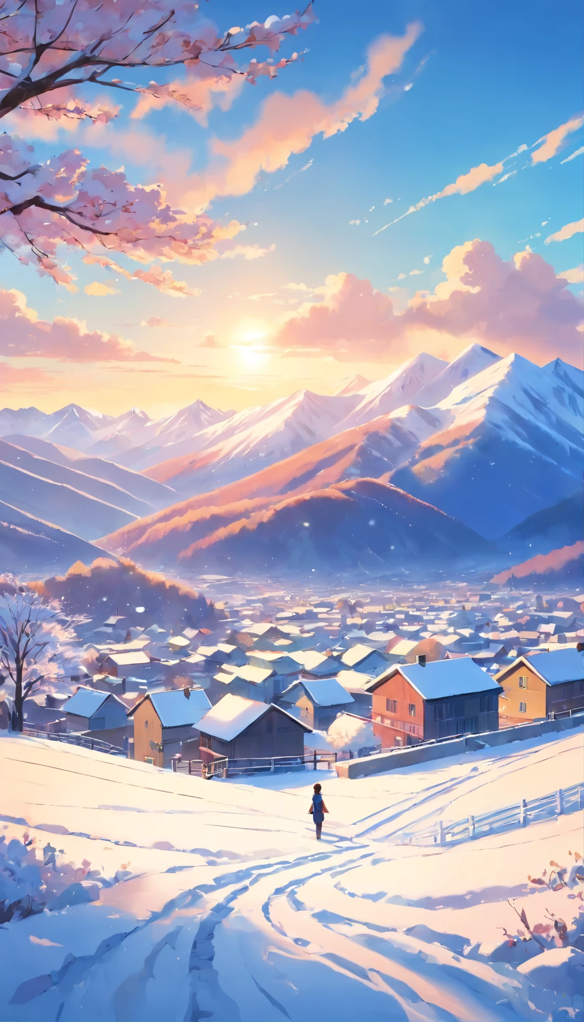 The mountains are covered with snow., tree, small town below, field, A little  was playing in the distance., My stomach is cloudy. , pastel color tones, high contrast, sun light