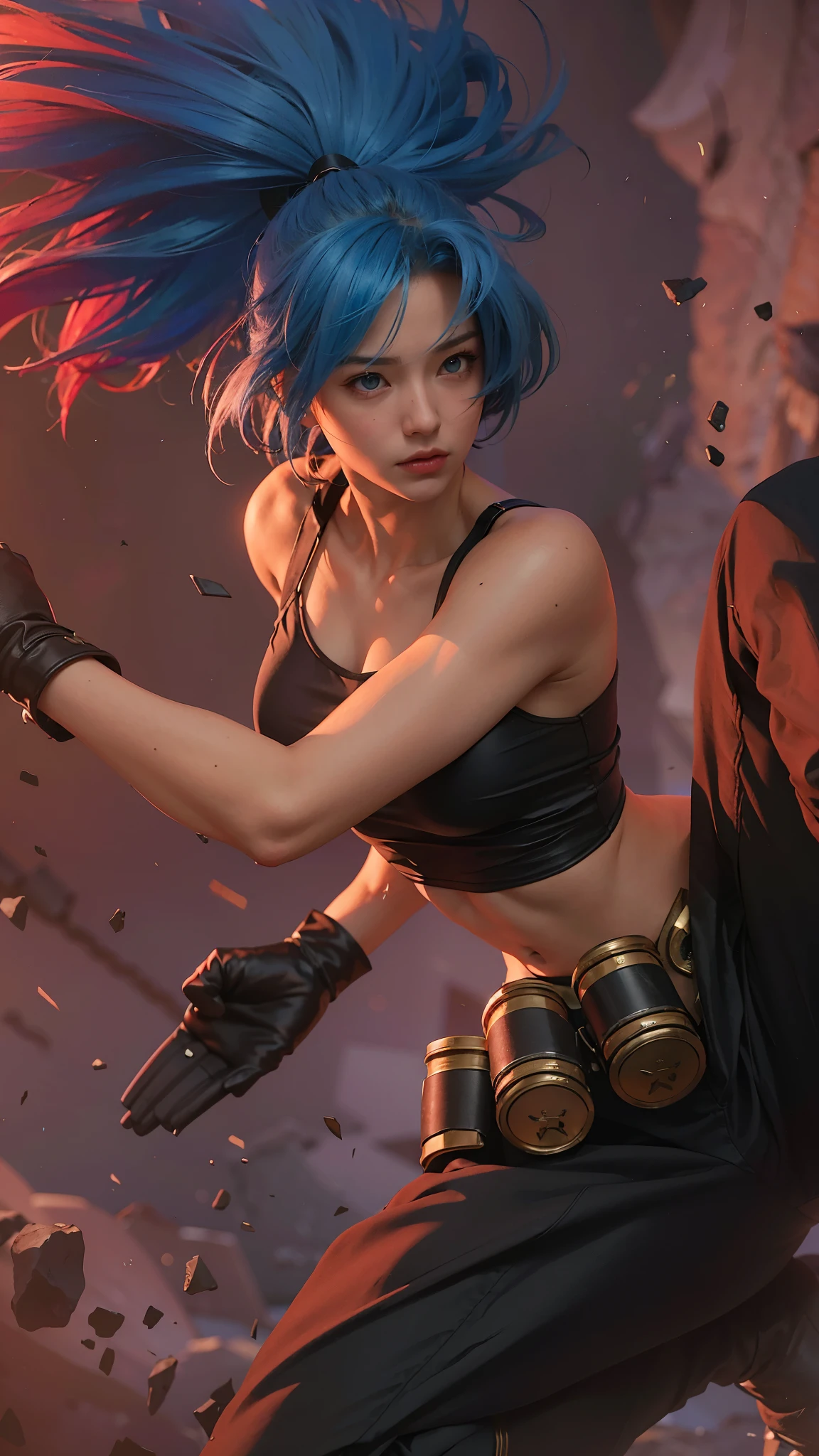 (8k, best quality, masterpiece:1.2), (realistic, photo-realistic:1.37), ultra-detailed,
A detailed portrait of 1 girl 21 year old girl, fantasy character, blue eyes, blue hair color, detail face, pale skin, perfect abs, face facing the camera, wearing black tanktop. The scene is illuminated with professional lighting, photon mapping, and radiosity, with Tetsuya Nomura Style and a japanese feel, Leona KoF cosplay, The King of Fighters. In the dark desert background with blur or bokeh effect, neon details, realistic light.