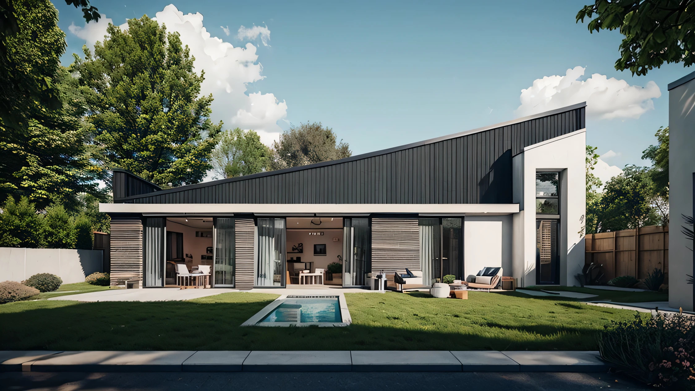 Make a photorealistic modern French style house about 1500sq ft. make in the city cute