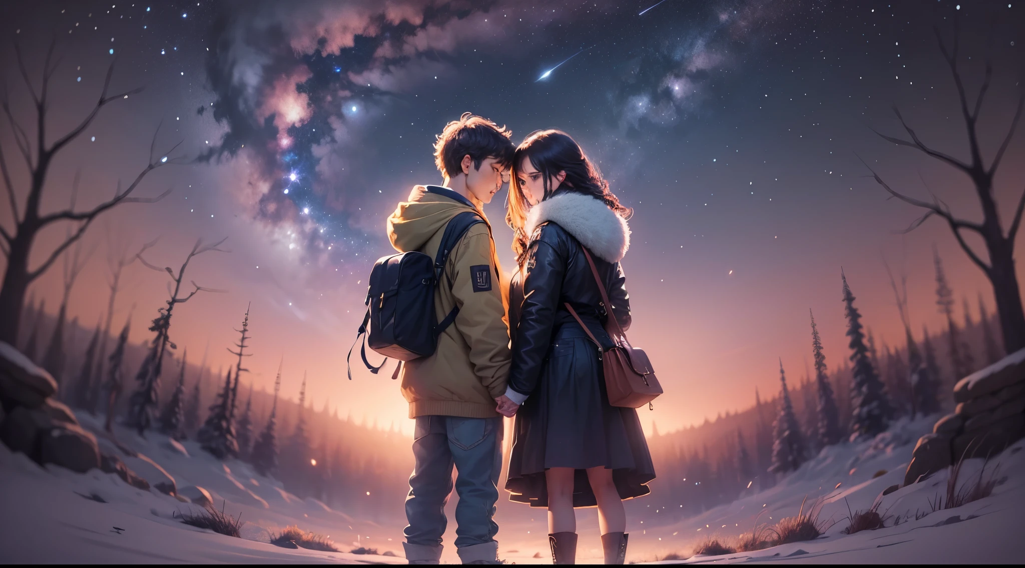 (couple, gaze at the stars, dreamy atmosphere, celestial beauty, sparkling night sky)