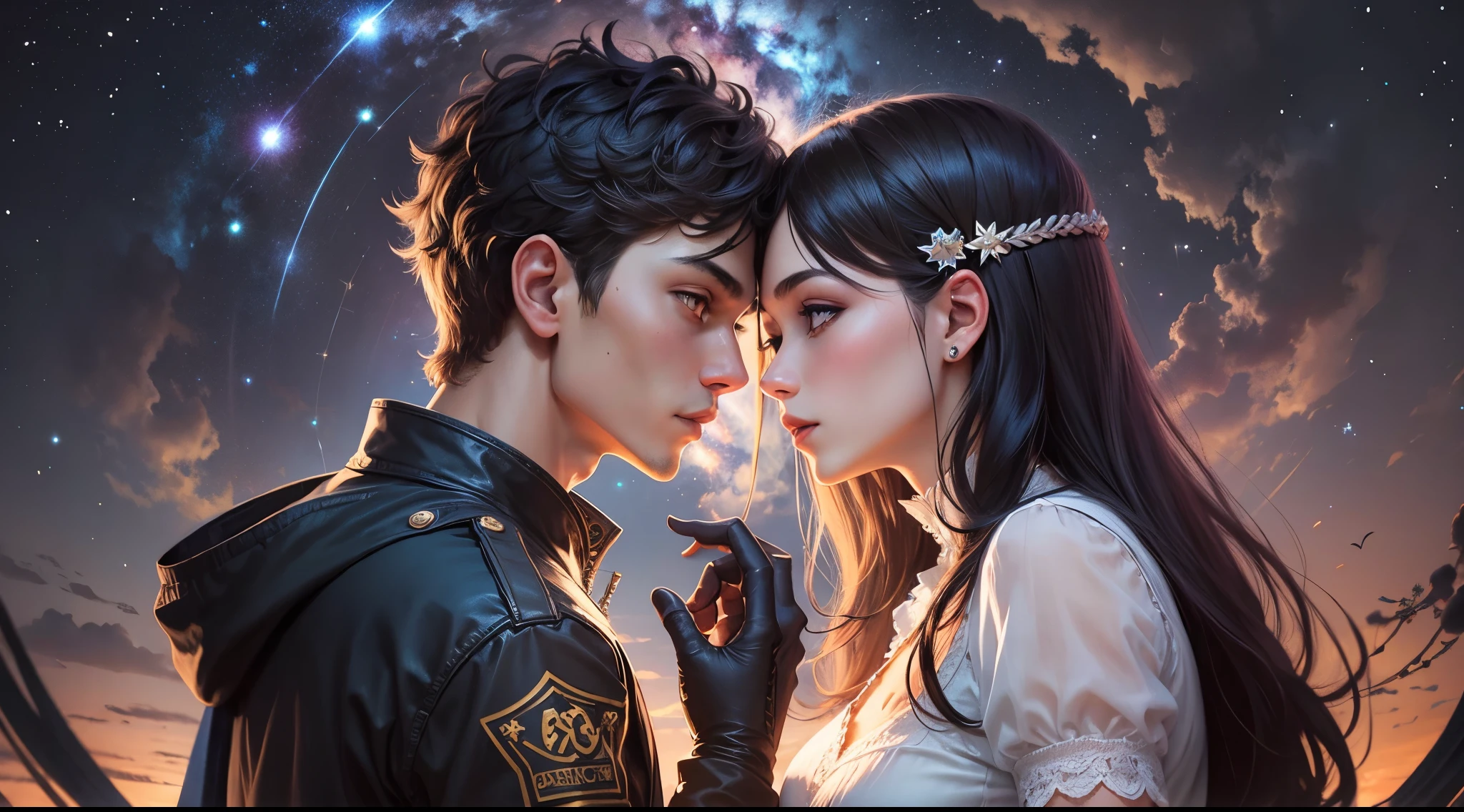 (couple, gaze at the stars, dreamy atmosphere, celestial beauty, sparkling night sky)