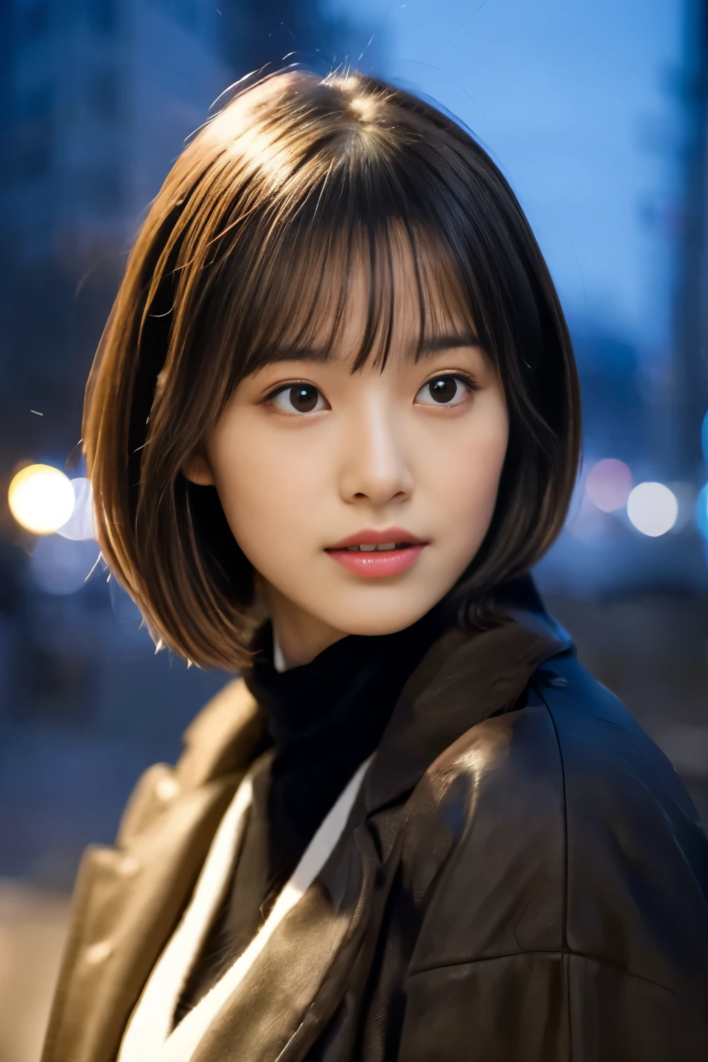 (((City of night:1.3, Photographed from the front))), ((medium bob:1.3, black knit, brown coat, japanese woman, cute)), (clean, natural makeup), (highest quality, masterpiece:1.3, 超High resolution), (Super detailed, caustics), (realistic:1.4, RAW shooting), very detailed, High resolution, 16K resolution