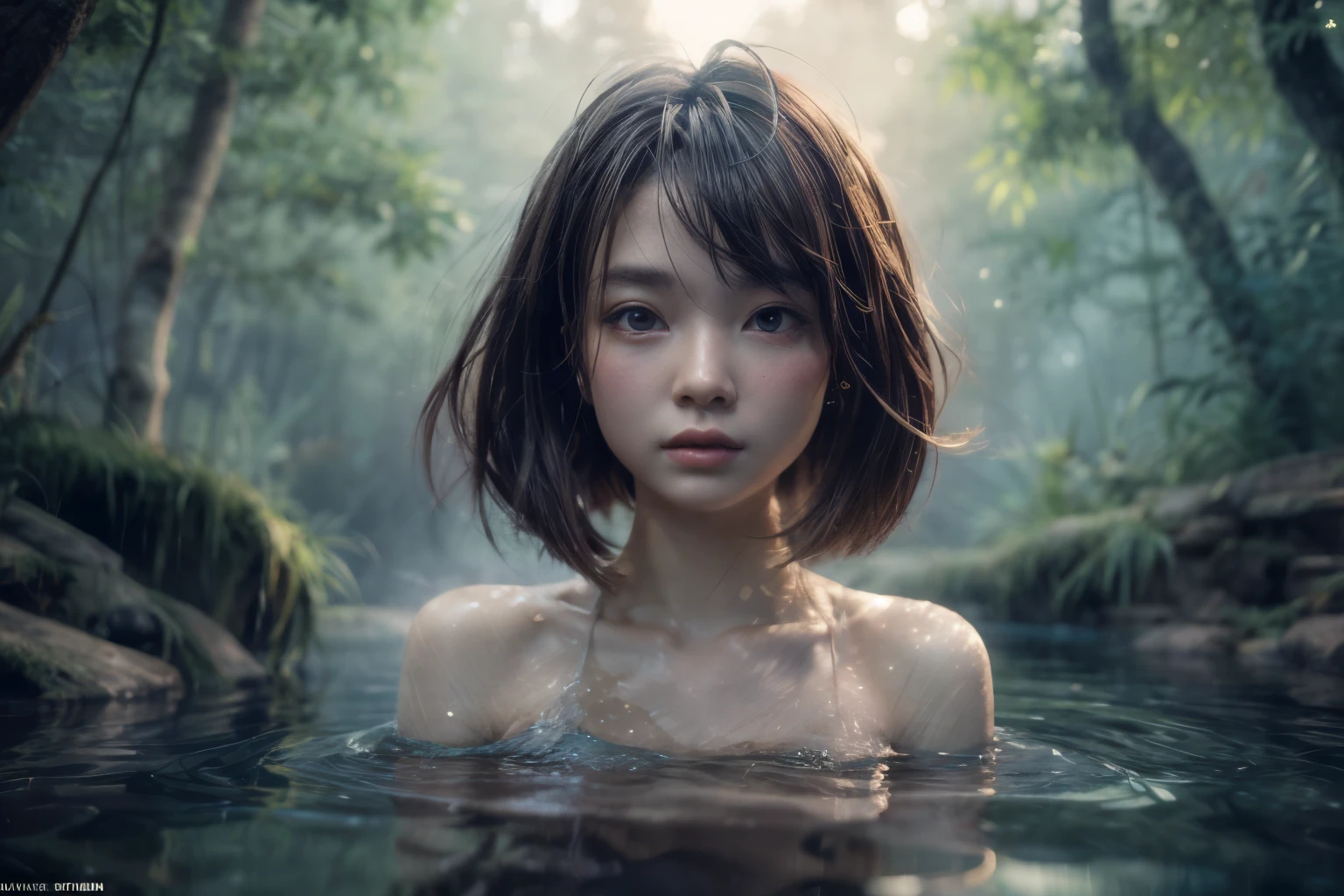 In a vast forest under the moonlight, a beautiful nymph swimming in the pond surrounded by a thick forest and high mountain, detailed face, detailed skin, detailed texture, detailed environment
