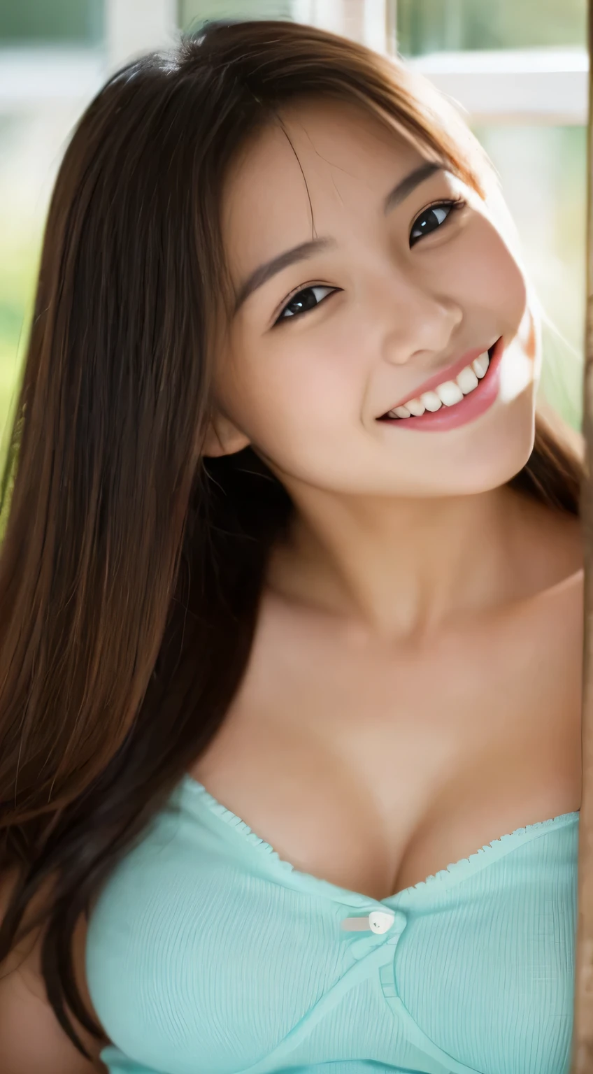 masterpiece,highest quality,(Japanese),((beautiful girl)),cleavage,(See-through),((Clothes that are close to the skin)),An expression that imagines something pleasant:1.2,(perfect body beauty:1.2),(shy smile),beautiful teeth,