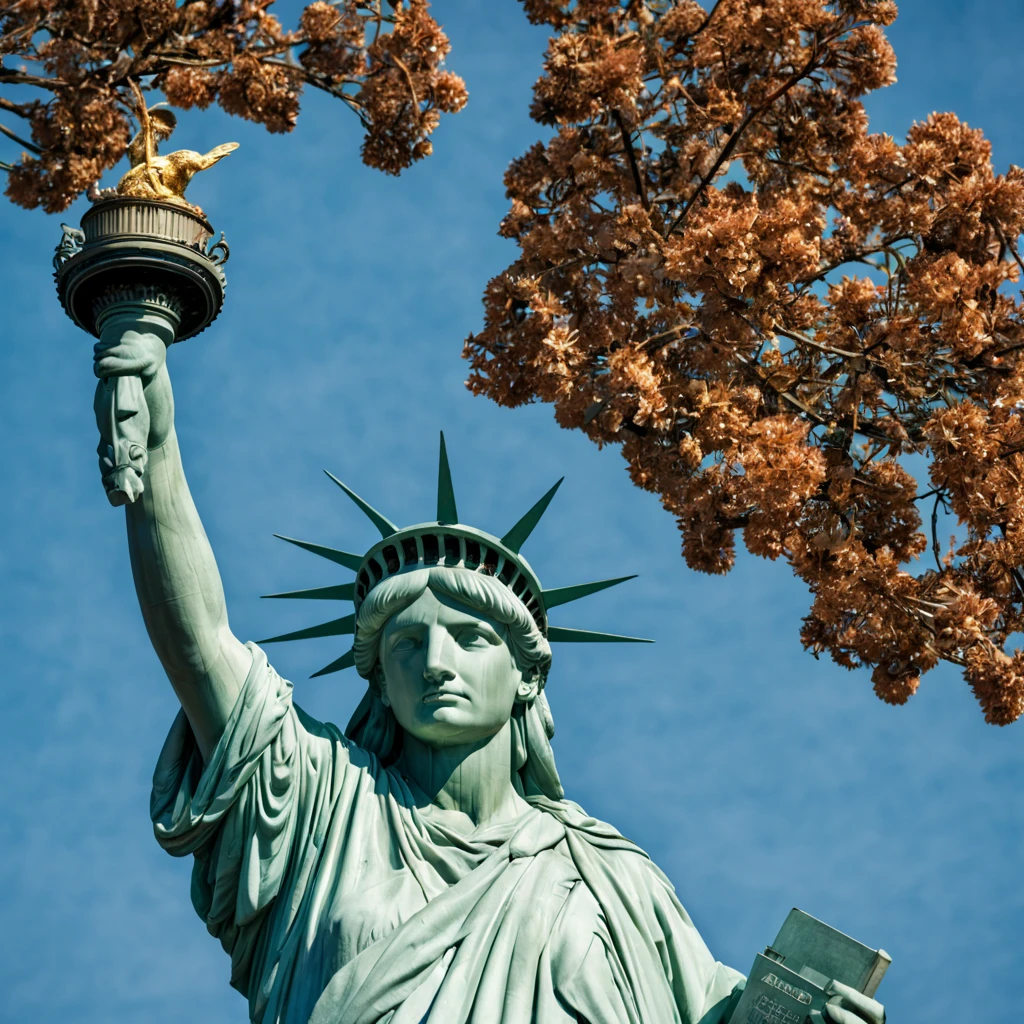 The Statue of Liberty is a prominent symbol of freedom and liberty. It is a colossal neoclassical sculpture located on Liberty Island in New York Harbor. The statue depicts a robed female figure representing Libertas, the Roman goddess of freedom and was a gift from France to the United States. Photo-realistic close-up of the Statue of Liberty with extreme detail description, capturing the intricate facial features, including beautifully sculpted eyes, detailed lips, and a graceful expression. Best quality high-resolution image (4k, 8k, or masterpiece:1.2) showcasing the stunning craftsmanship and precision of the statue. The statue stands tall against a backdrop of a golden sunset and a clear blue sky, creating a vibrant and vivid color palette. Studio lighting illuminates the statue, highlighting its majestic presence. The Statue of Liberty is portrayed in a classical art style, reminiscent of neoclassical sculpture, paying homage to the historical significance and artistry of the statue. The statue is surrounded by lush greenery and a serene waterfront, adding a sense of tranquility to the scene. In the distance, a bustling cityscape can be seen, symbolizing the location of the statue and its connection to the thriving metropolis of New York City. Overall, the prompt captures the grandeur, beauty, and symbolic value of the Statue of Liberty, inviting Stable Diffusion to generate a visually stunning and iconic representation of this national monument.