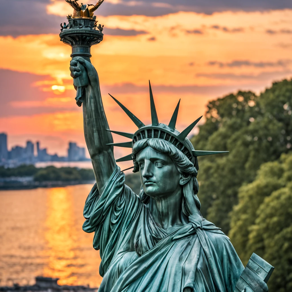 The Statue of Liberty is a prominent symbol of freedom and liberty. It is a colossal neoclassical sculpture located on Liberty Island in New York Harbor. The statue depicts a robed female figure representing Libertas, the Roman goddess of freedom and was a gift from France to the United States. Photo-realistic close-up of the Statue of Liberty with extreme detail description, capturing the intricate facial features, including beautifully sculpted eyes, detailed lips, and a graceful expression. Best quality high-resolution image (4k, 8k, or masterpiece:1.2) showcasing the stunning craftsmanship and precision of the statue. The statue stands tall against a backdrop of a golden sunset and a clear blue sky, creating a vibrant and vivid color palette. Studio lighting illuminates the statue, highlighting its majestic presence. The Statue of Liberty is portrayed in a classical art style, reminiscent of neoclassical sculpture, paying homage to the historical significance and artistry of the statue. The statue is surrounded by lush greenery and a serene waterfront, adding a sense of tranquility to the scene. In the distance, a bustling cityscape can be seen, symbolizing the location of the statue and its connection to the thriving metropolis of New York City. Overall, the prompt captures the grandeur, beauty, and symbolic value of the Statue of Liberty, inviting Stable Diffusion to generate a visually stunning and iconic representation of this national monument.