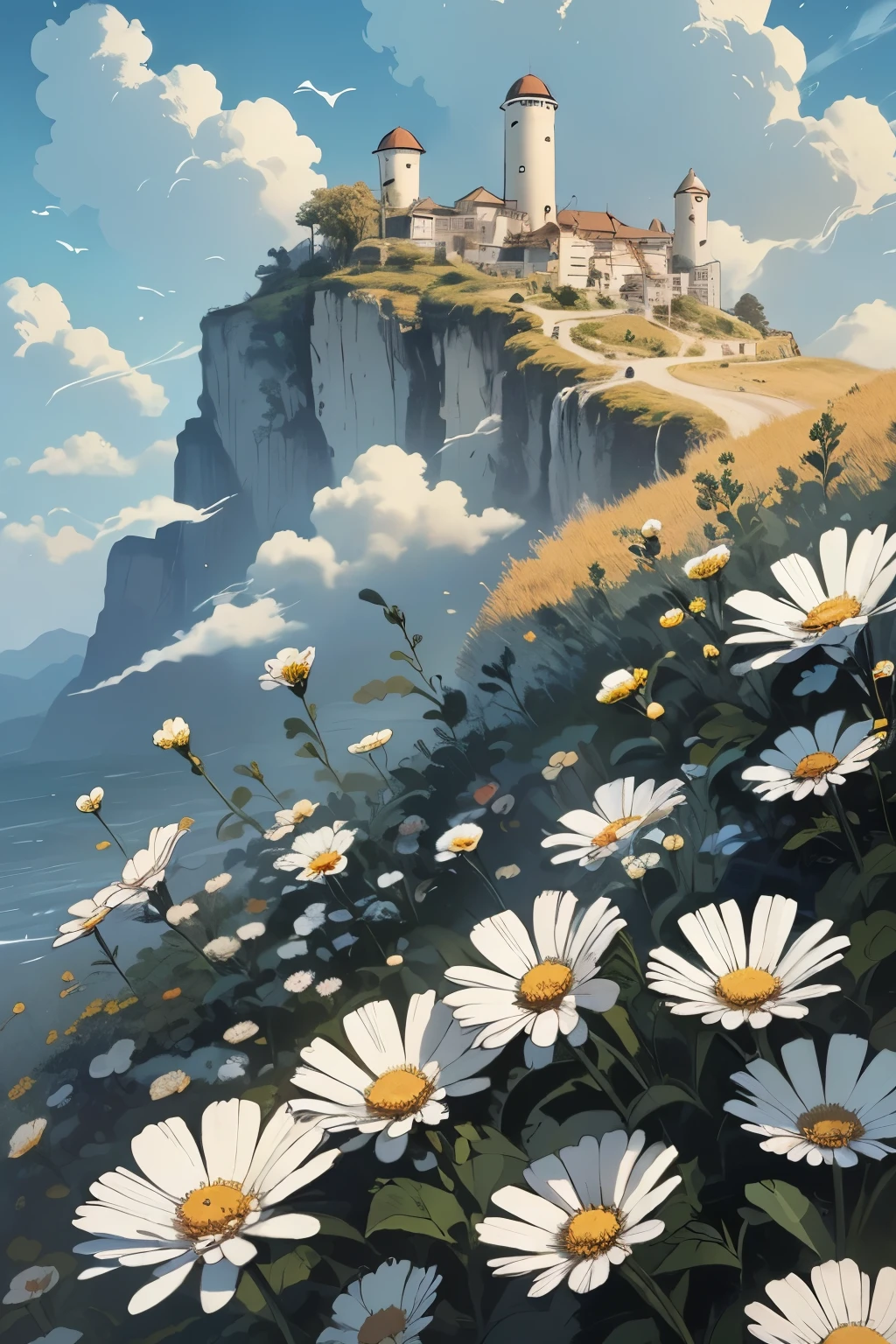 （masterpiece、need、Super exquisite、high resolution）， night:1.5，moonlight，meteor shower, 各种各样的flower, landscape, venue, Sky, white flower, 漫山遍野开满flower, horizon, flower ,rain， yellow flower, daisy, landscape,, (illustration:1.0), masterpiece, best quality