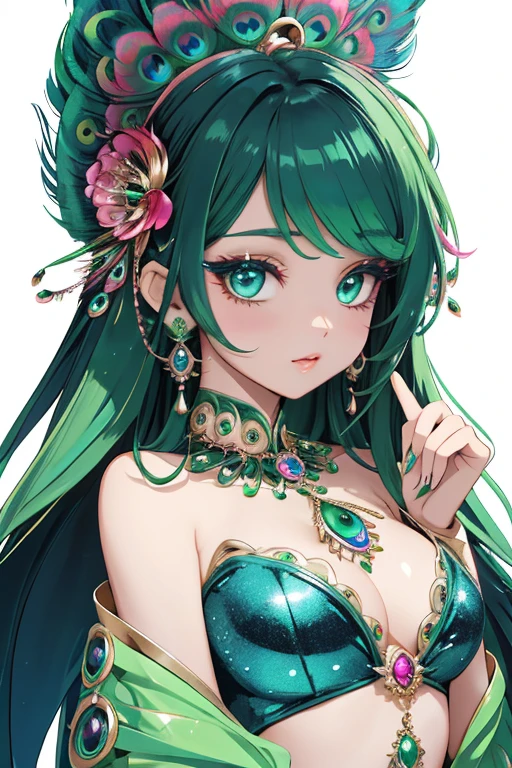 An anthropomorphic peacock、Beautiful woman、Highly artistic makeup、green shining costume、Ornaments inspired by gorgeous peacock feathers、god々new halo、black long hair、