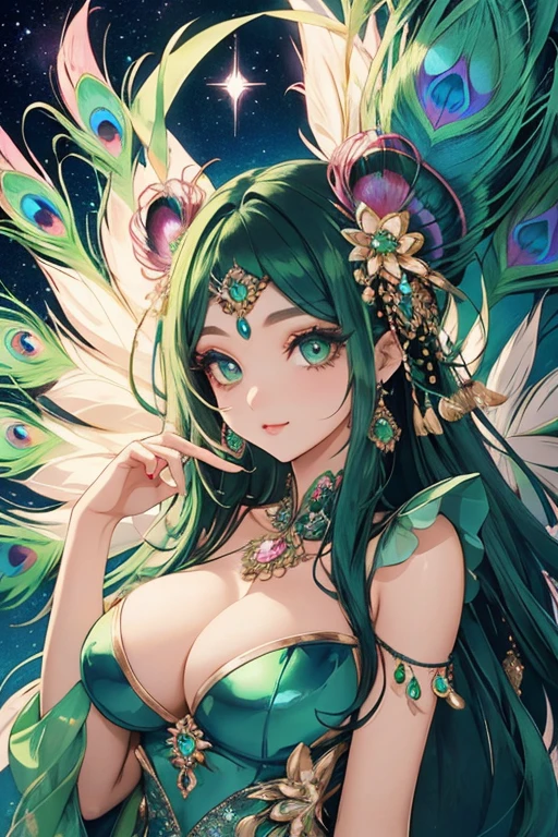 An anthropomorphic peacock、Beautiful woman、Highly artistic makeup、shocking pink Defined aegyo sal, glossy and sparkly eyeliner , green shining costume、Ornaments inspired by gorgeous peacock feathers、goddess halo、black long hair、starry shining pupil