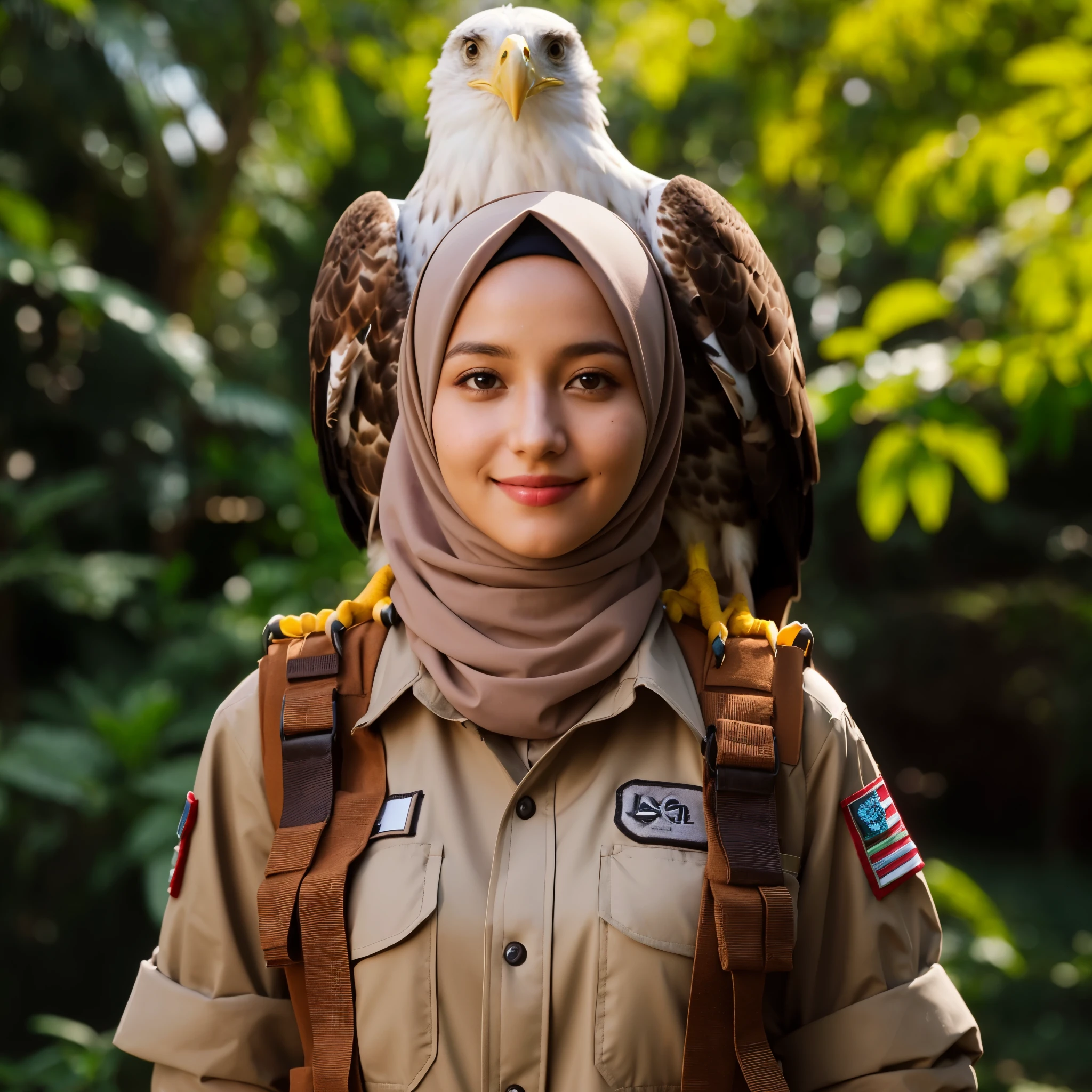 Photography by Peter Kemp, a woman wearing a hijab and wearing a zookeeper's outfit, is standing, on her shoulder there is an eagle, face facing front, face with a slight smile, garden background, very sharp resolution, bright lighting.